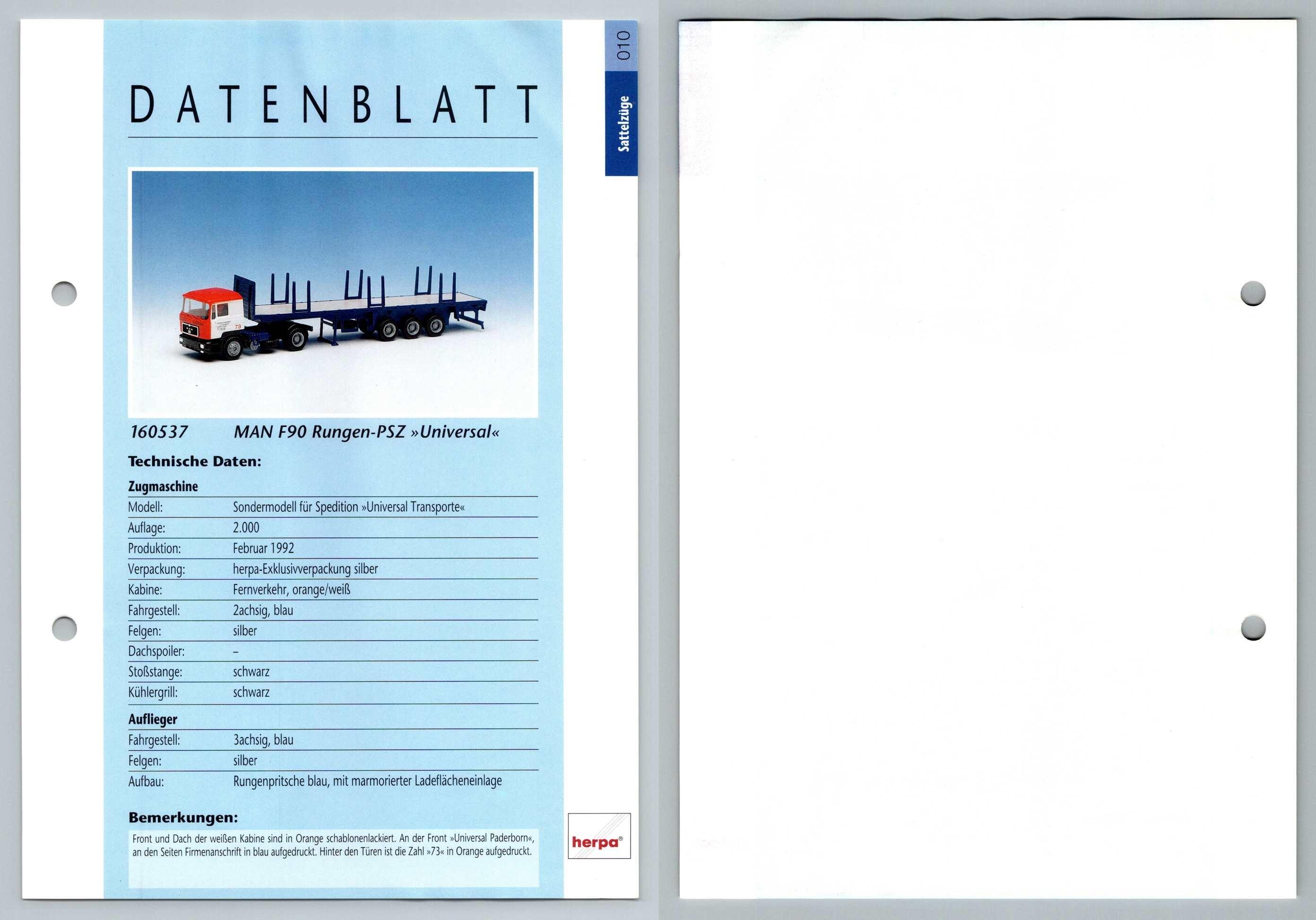 Man F90 Rungen Psz 10 Sattelzuge Datenblatt Herpa Data Sheet