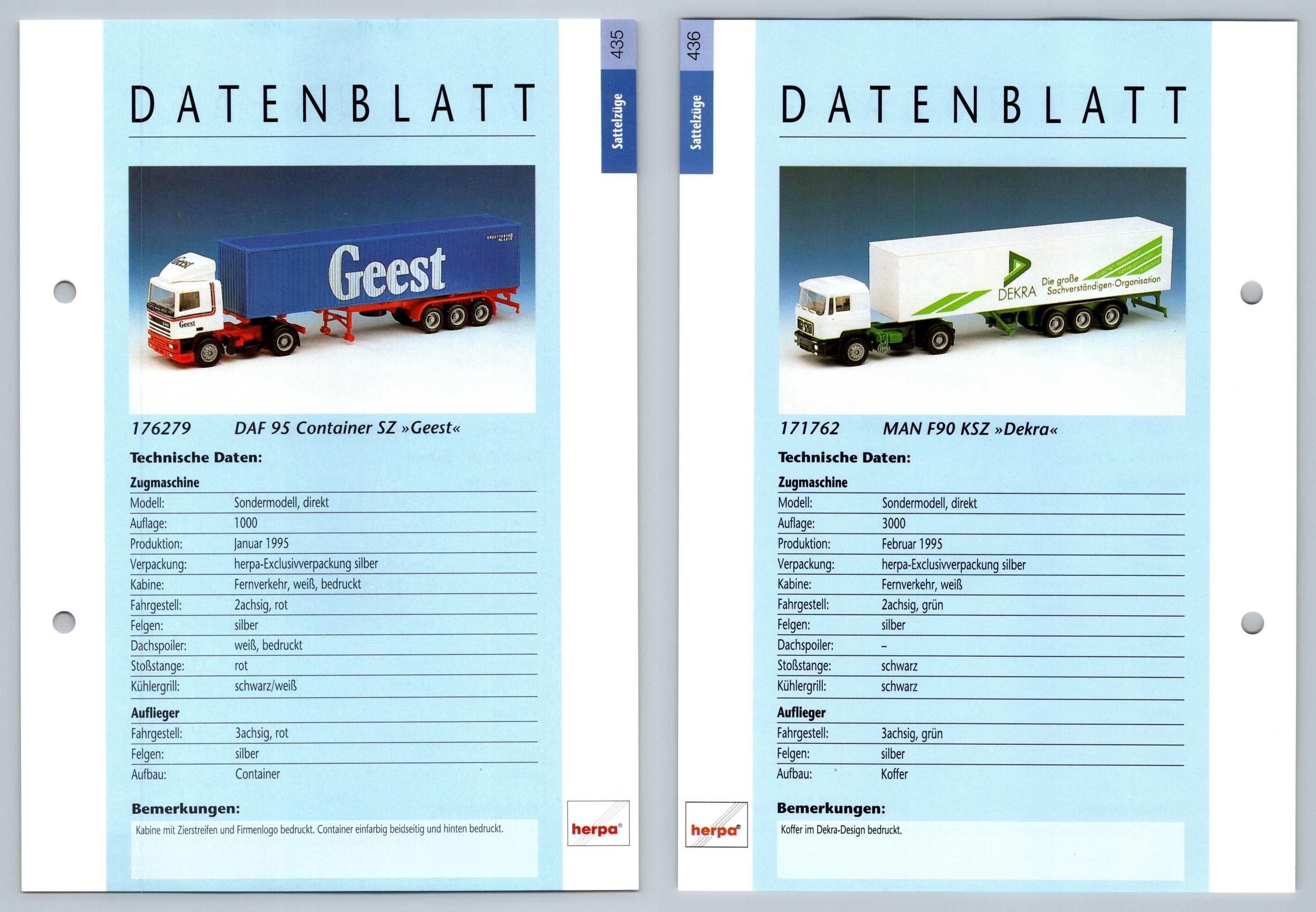 Daf 95 Container Man F90 435 6 Sattelzuge Datenblatt Herpa Data Sheet