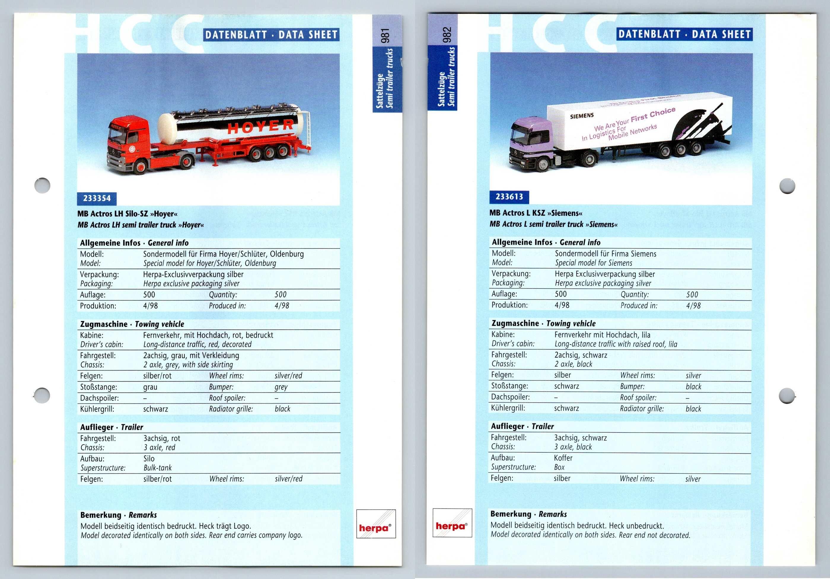 Mb Actros Lh Silo L Ksz 981 2 Sattelzuge Datenblatt Herpa Data Sheet