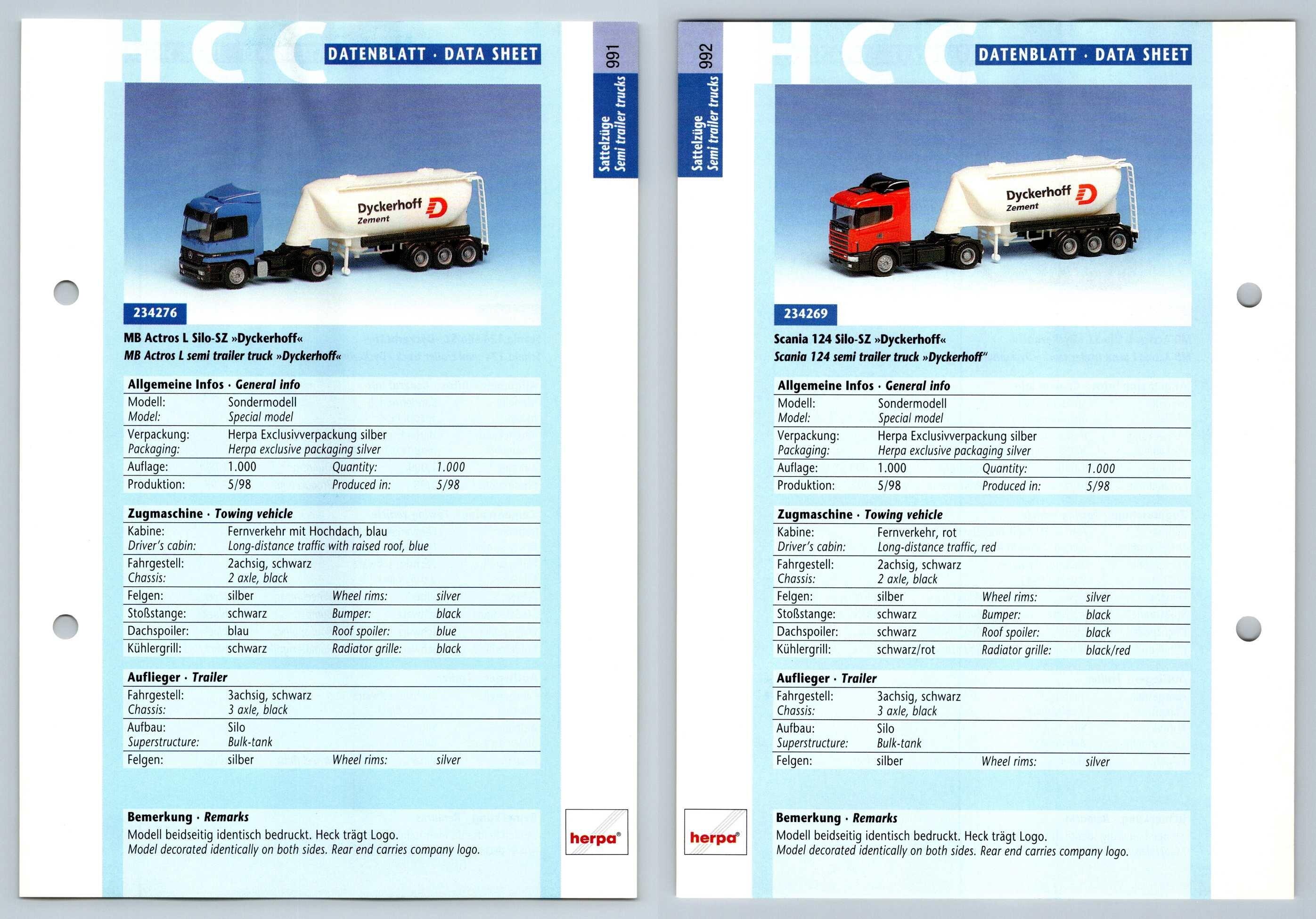 Mb Actros L Silo Scania 124 Silo 991 2 Sattelzuge Datenblatt Herpa