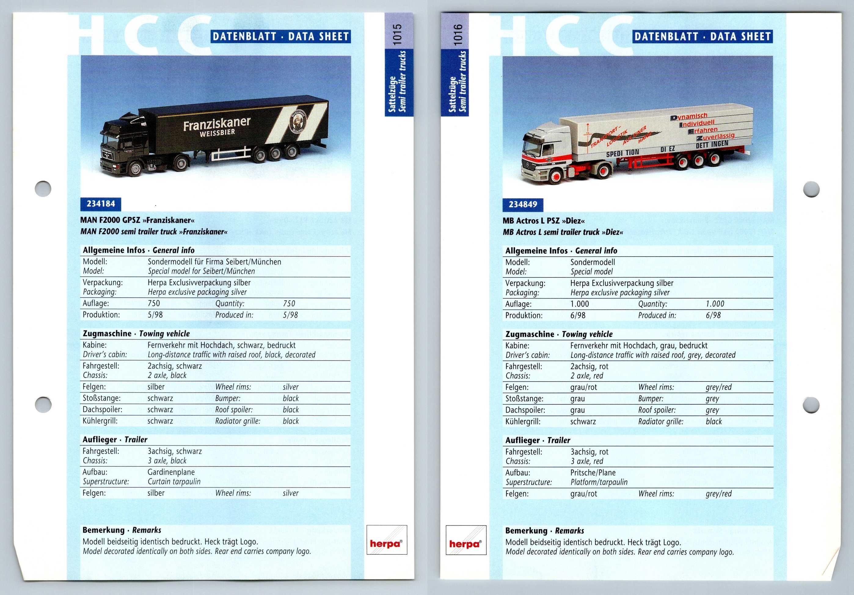 Man F2000 Gpsz Mb Actros L 1015 6 Sattelzuge Datenblatt Herpa Data