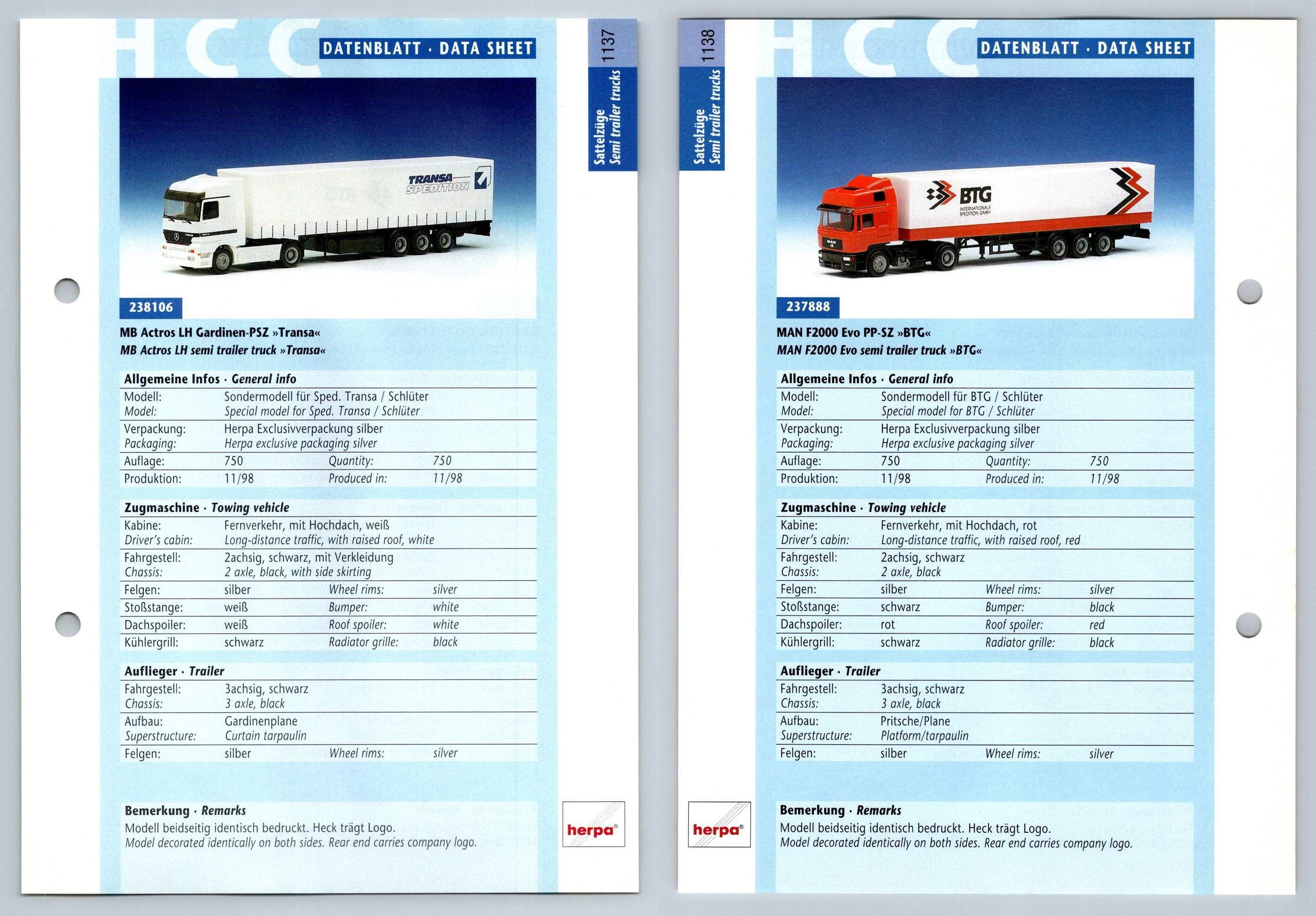 Mb Actros Lh Man F2000 Evo 1137 8 Sattelzuge Datenblatt Herpa Data