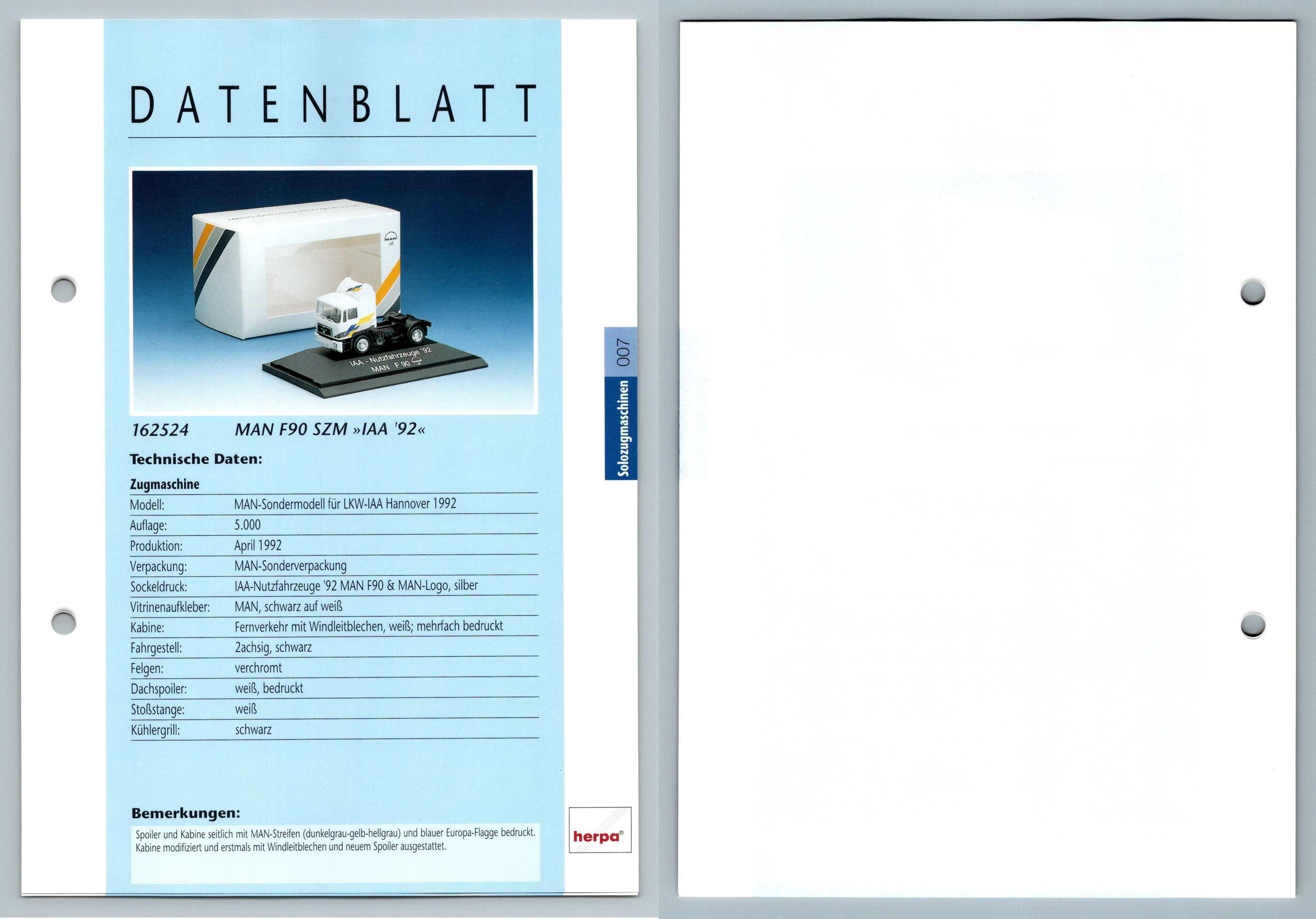 Man F90 Szm Iaa 92 8 Solozugmaschinen Datenblatt Herpa Data Sheet