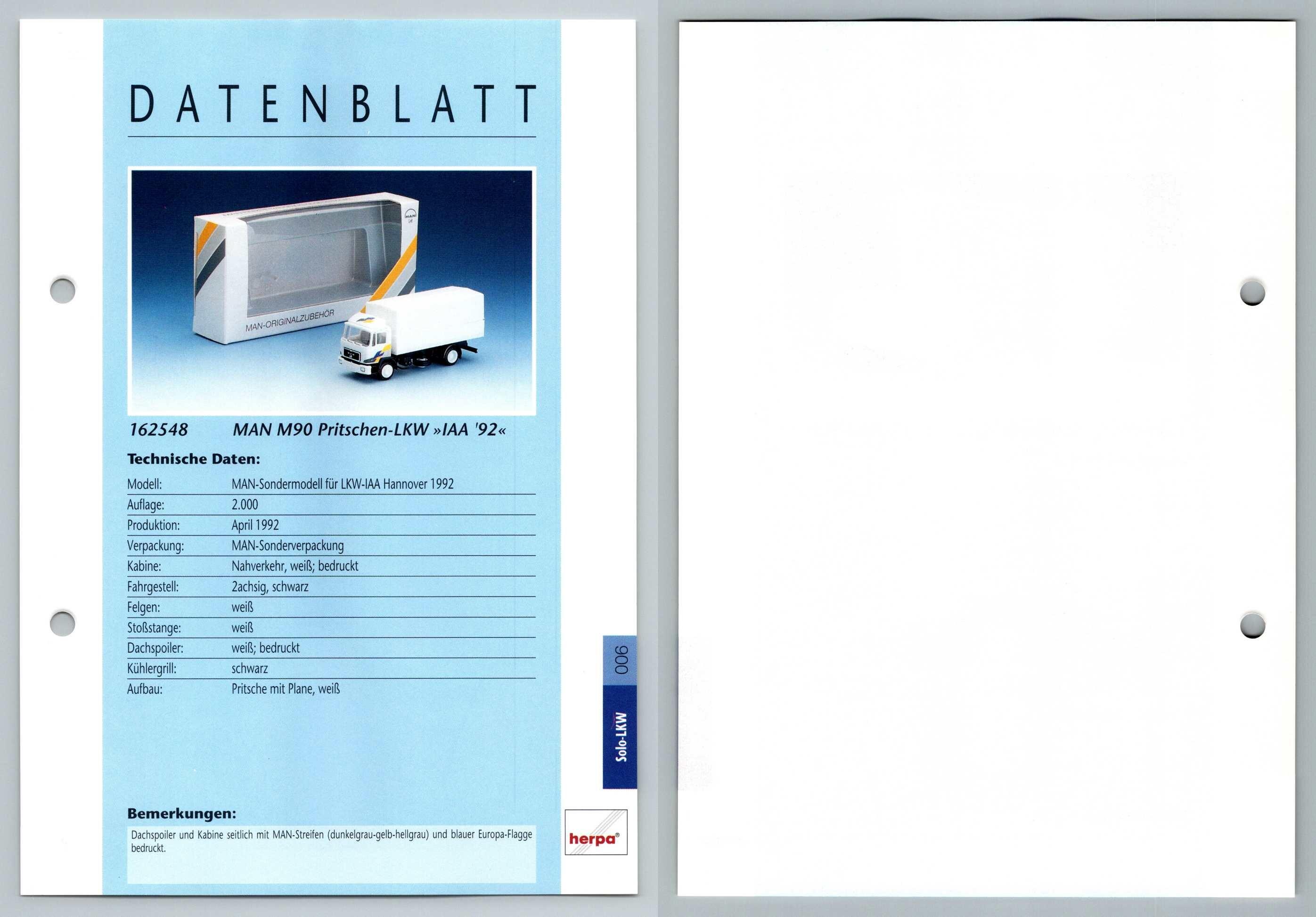 Man M90 Pritschen Lkw Iaa 92 6 Solo Lkw Datenblatt Herpa Data Sheet