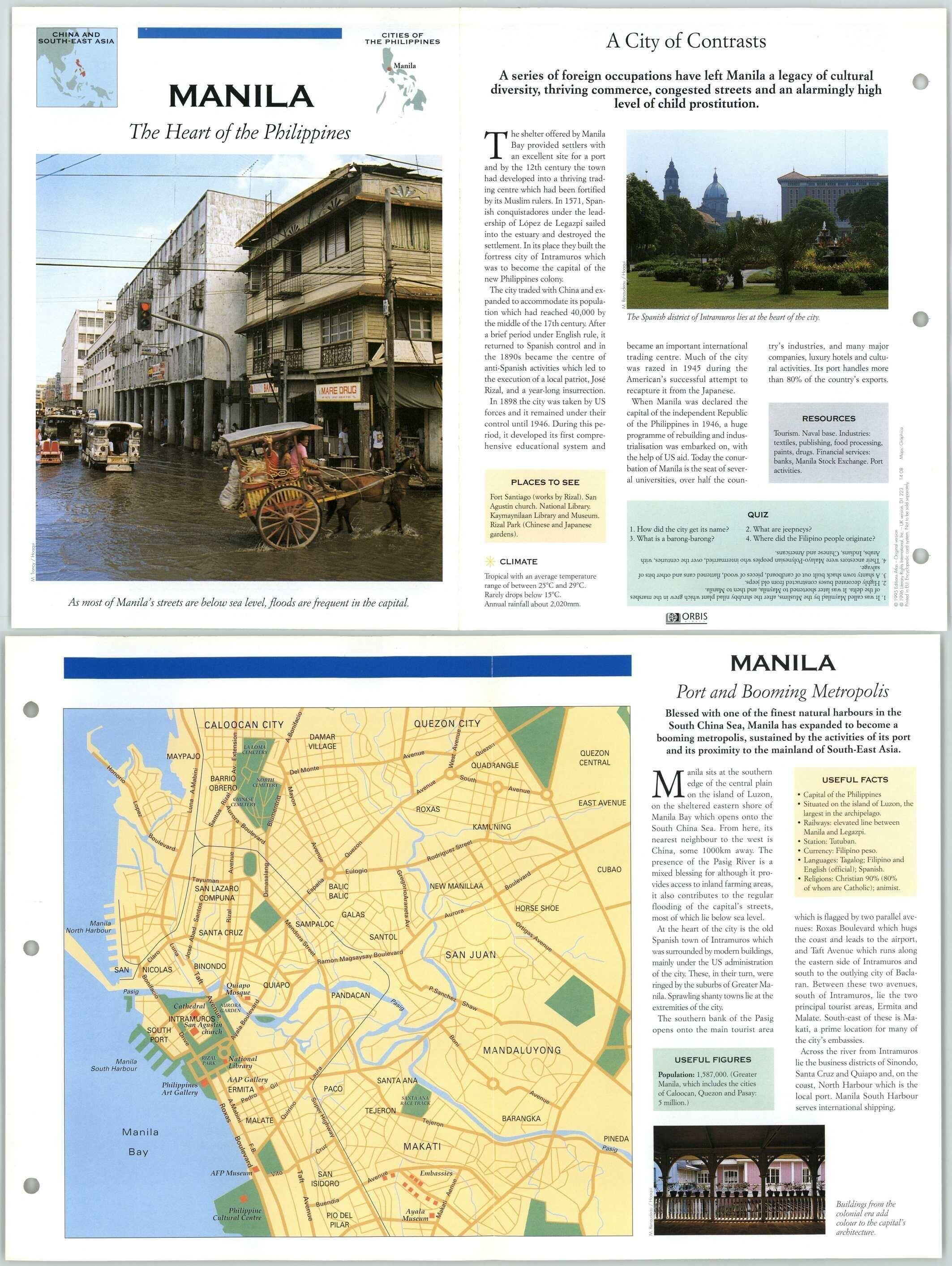 Manila - China & S/E Asia - Atlas Of The World - Fact File Fold-Out Page