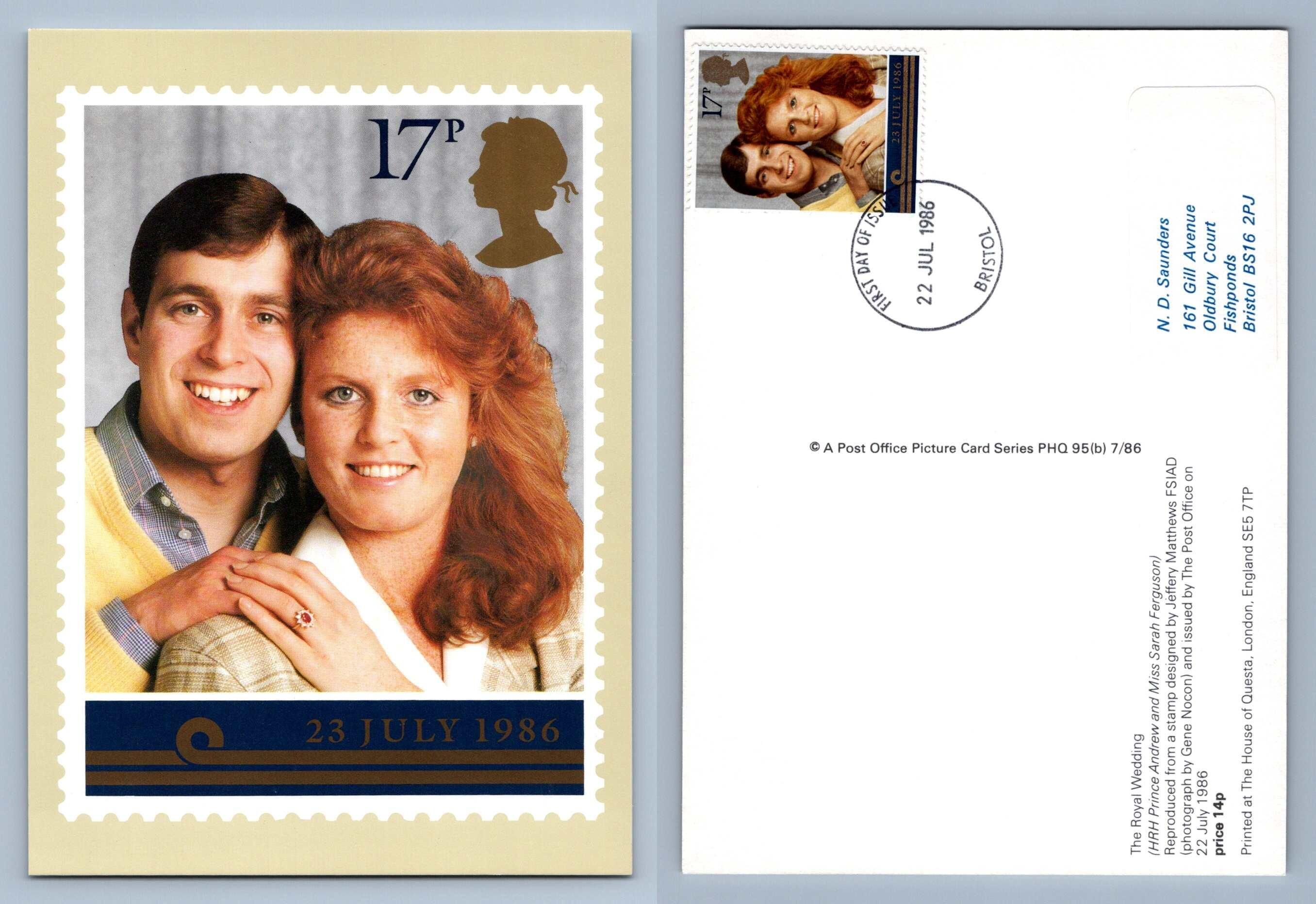 Prince Andrew & Sarah Ferguson 17p / Royal Wedding - 1986 PHQ #95a FDI Used Card - Picture 1 of 2