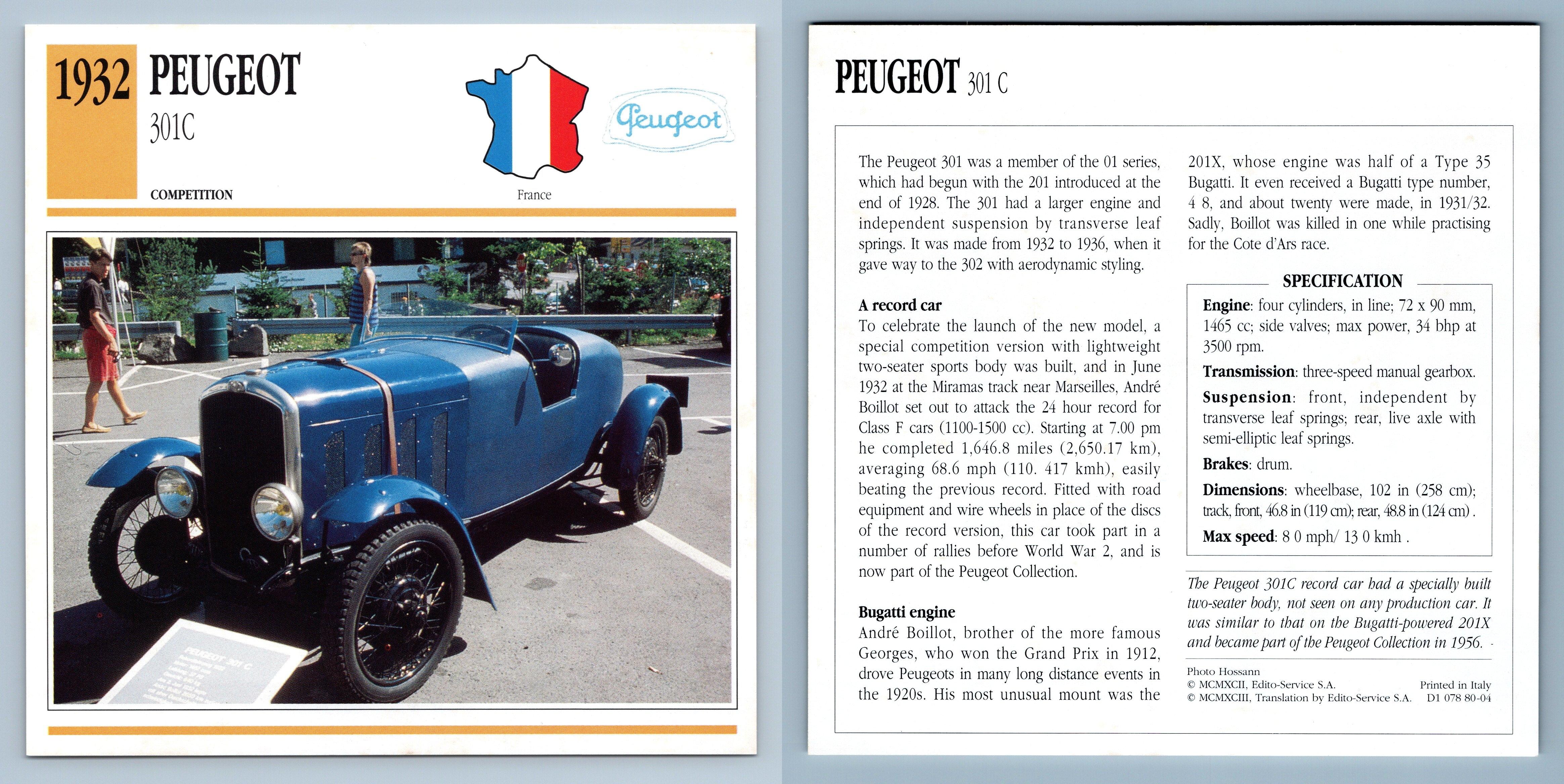 Peugeot - 301C - 1932 Competition Collectors Club Card
