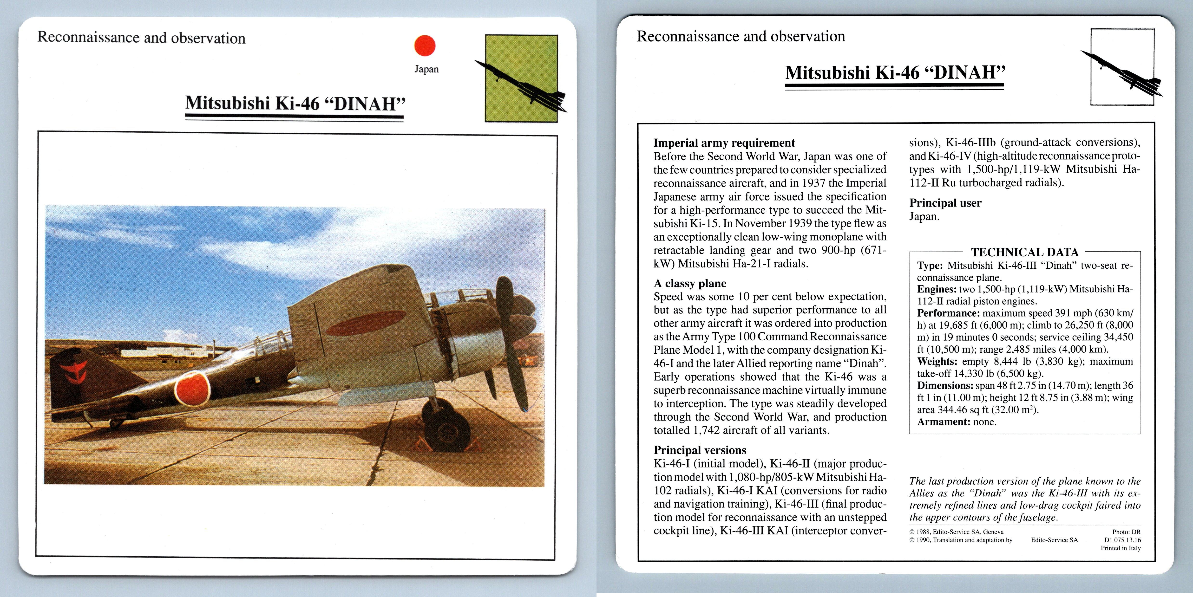 Mitsubishi Ki-46 ""Dinah"" - Recon. & Obs - Warplanes Sammler Clubkarte - Bild 1 von 1