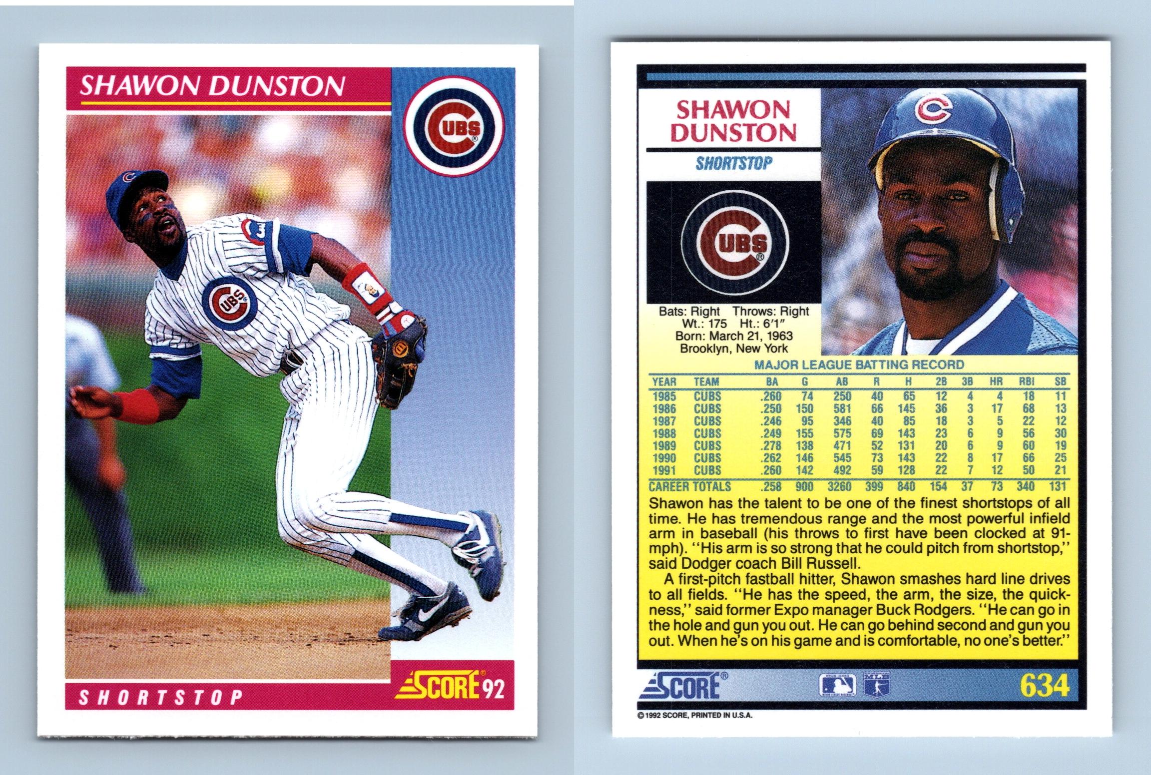 Shawon Dunston - Cubs - #634 Score 1992 Baseball Trading Card