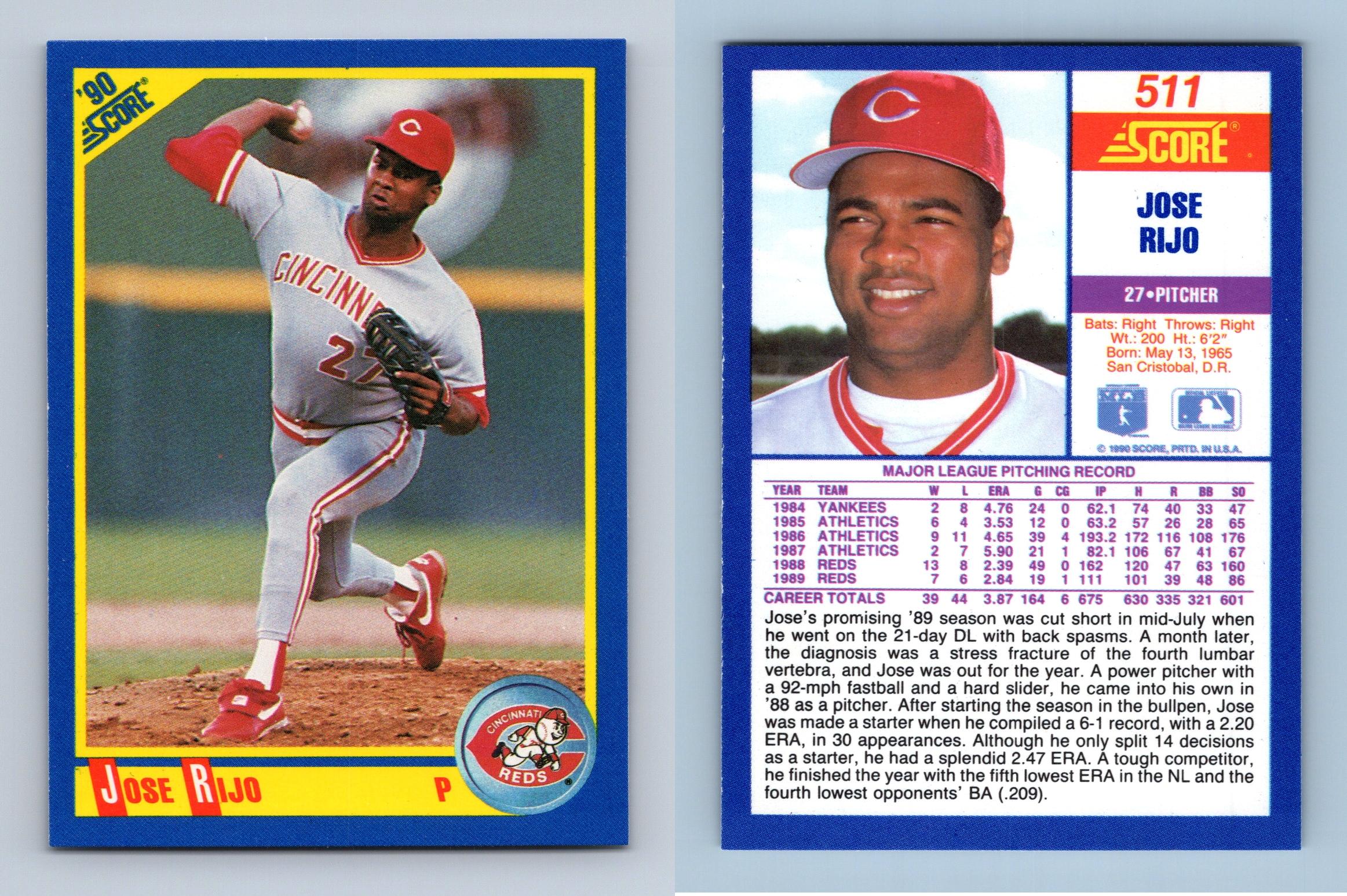 Jose Rijo - Reds #511 Score 1990 Baseball Trading Card