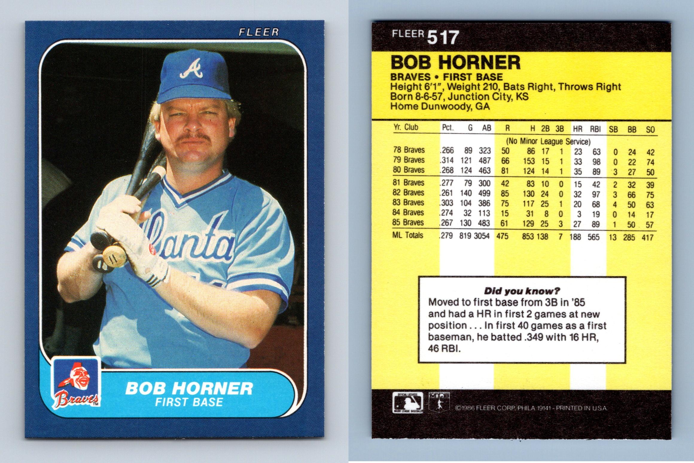 Bob Horner - Braves #517 Fleer 1986 Baseball Trading Card