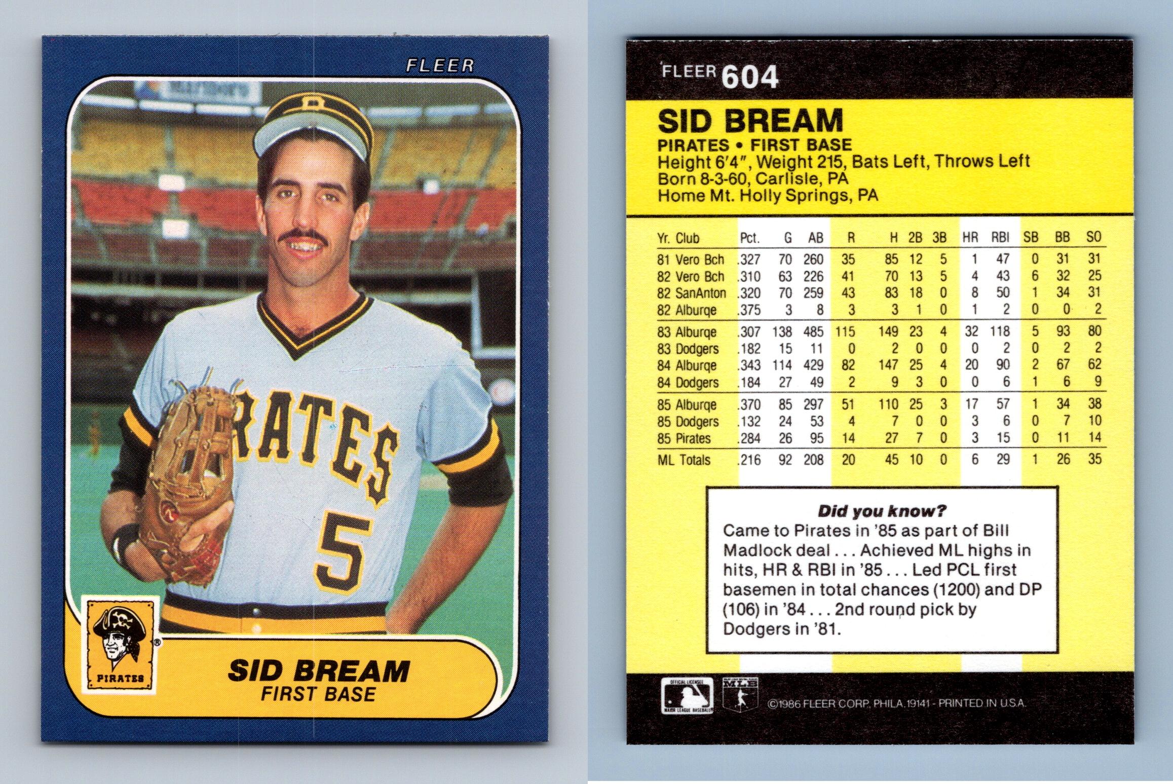 Sid Bream - Pirates #604 Fleer 1986 Baseball Trading Card
