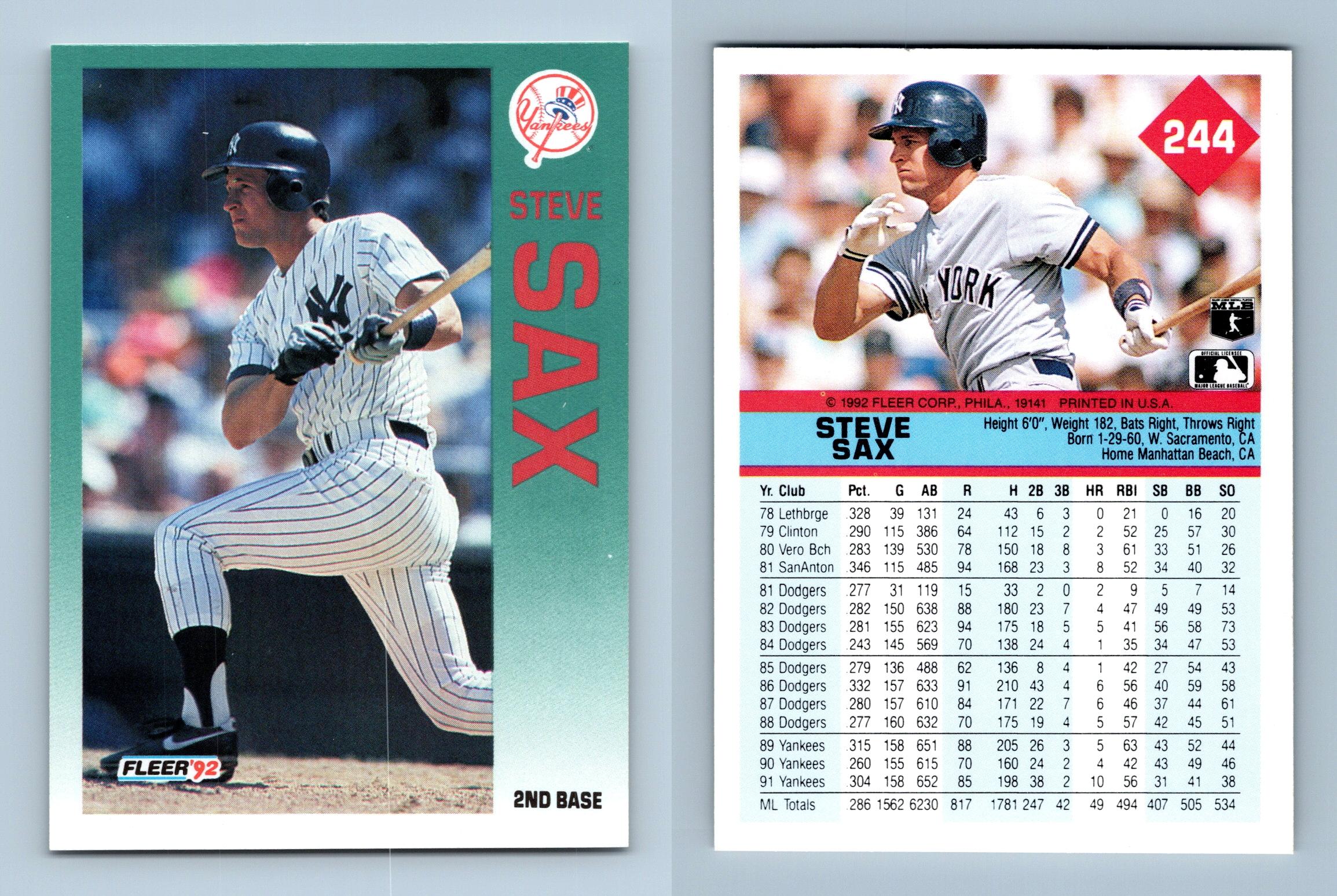 Steve Sax - Yankees #244 Fleer 1992 Baseball Trading Card
