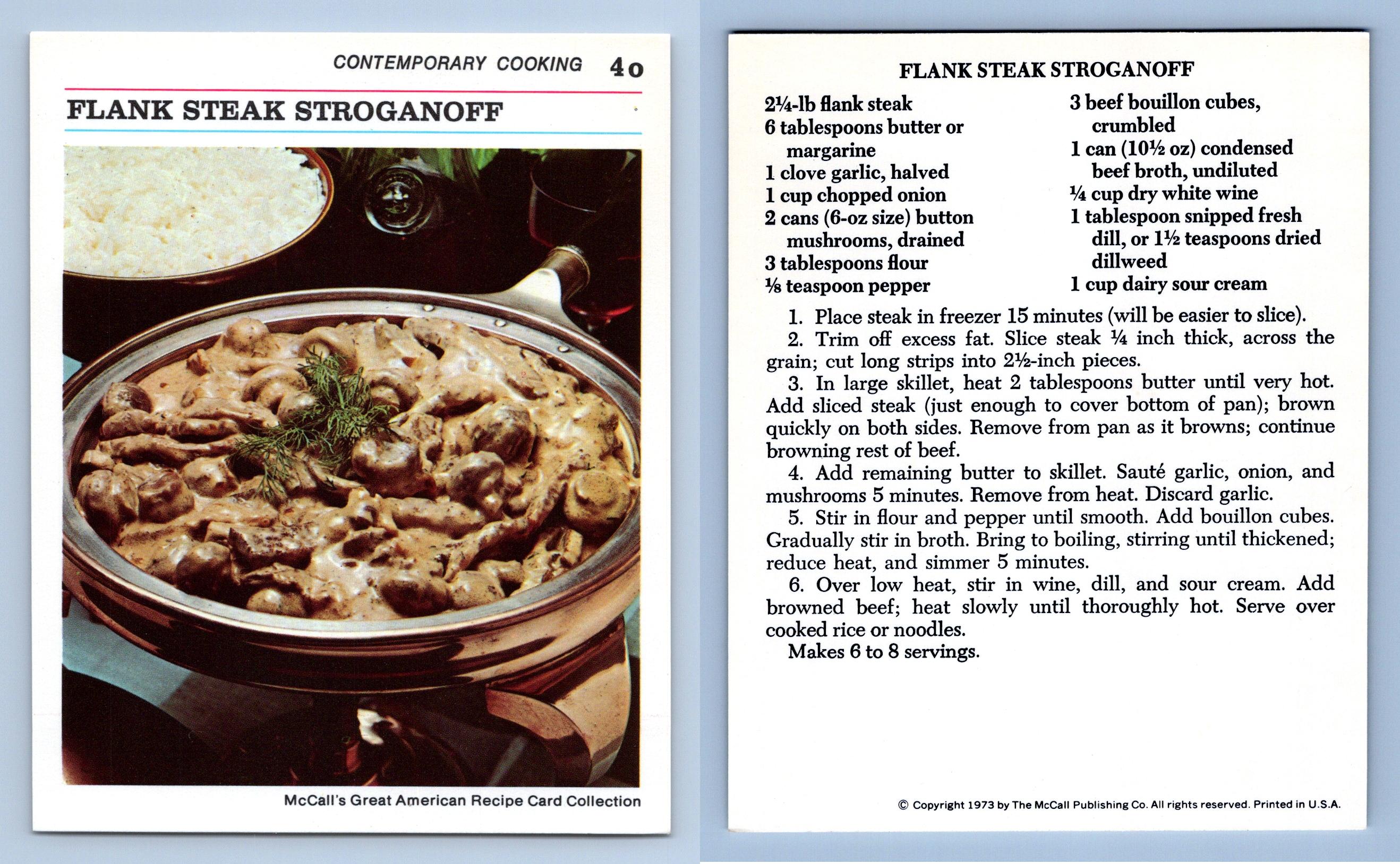 Flank Steak Stroganoff 4O Contemporary McCall's Great American Recipe Card