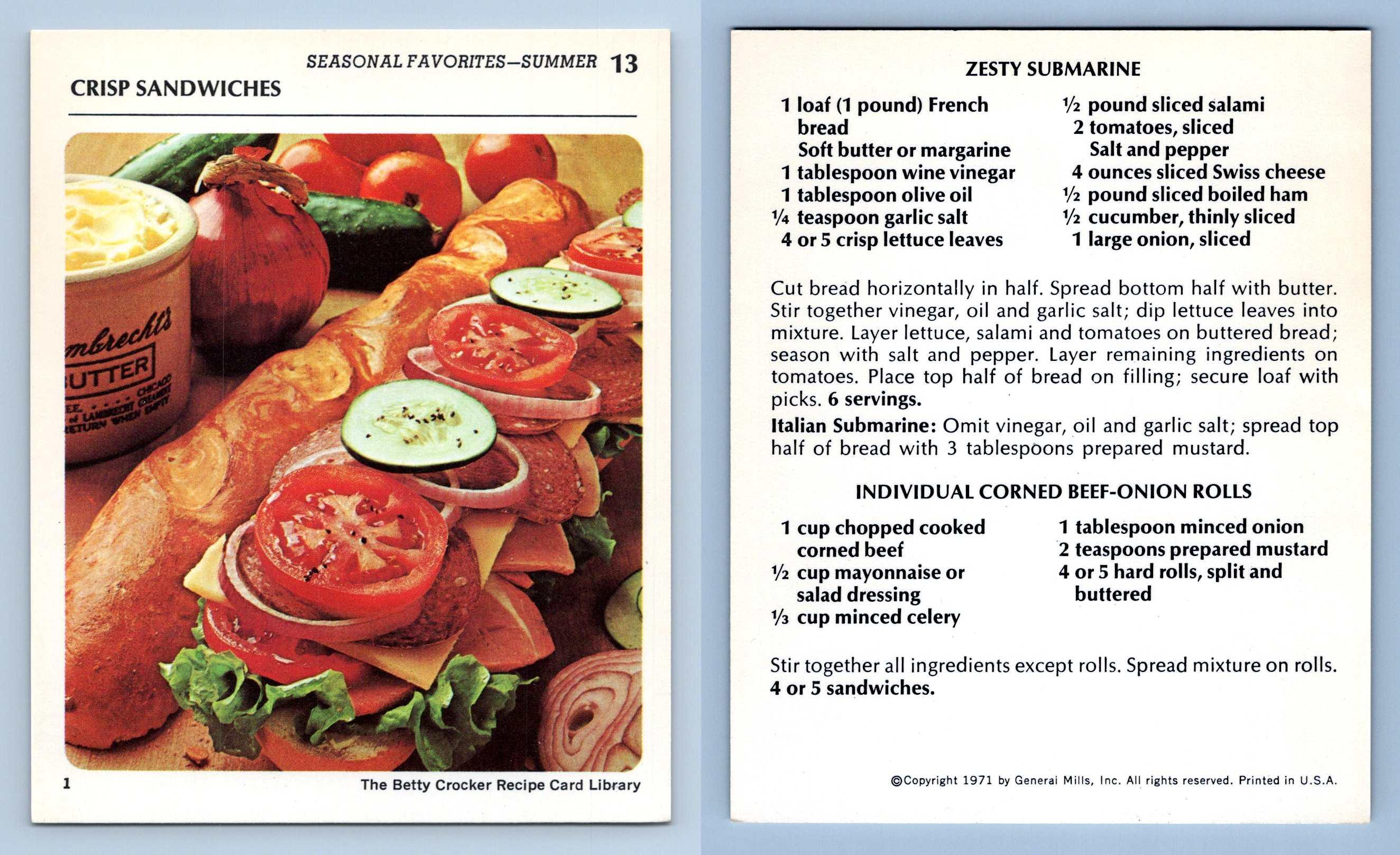 Crisp Sandwiches 13 Seasonal Favorites Betty Crocker 1971 Recipe Card
