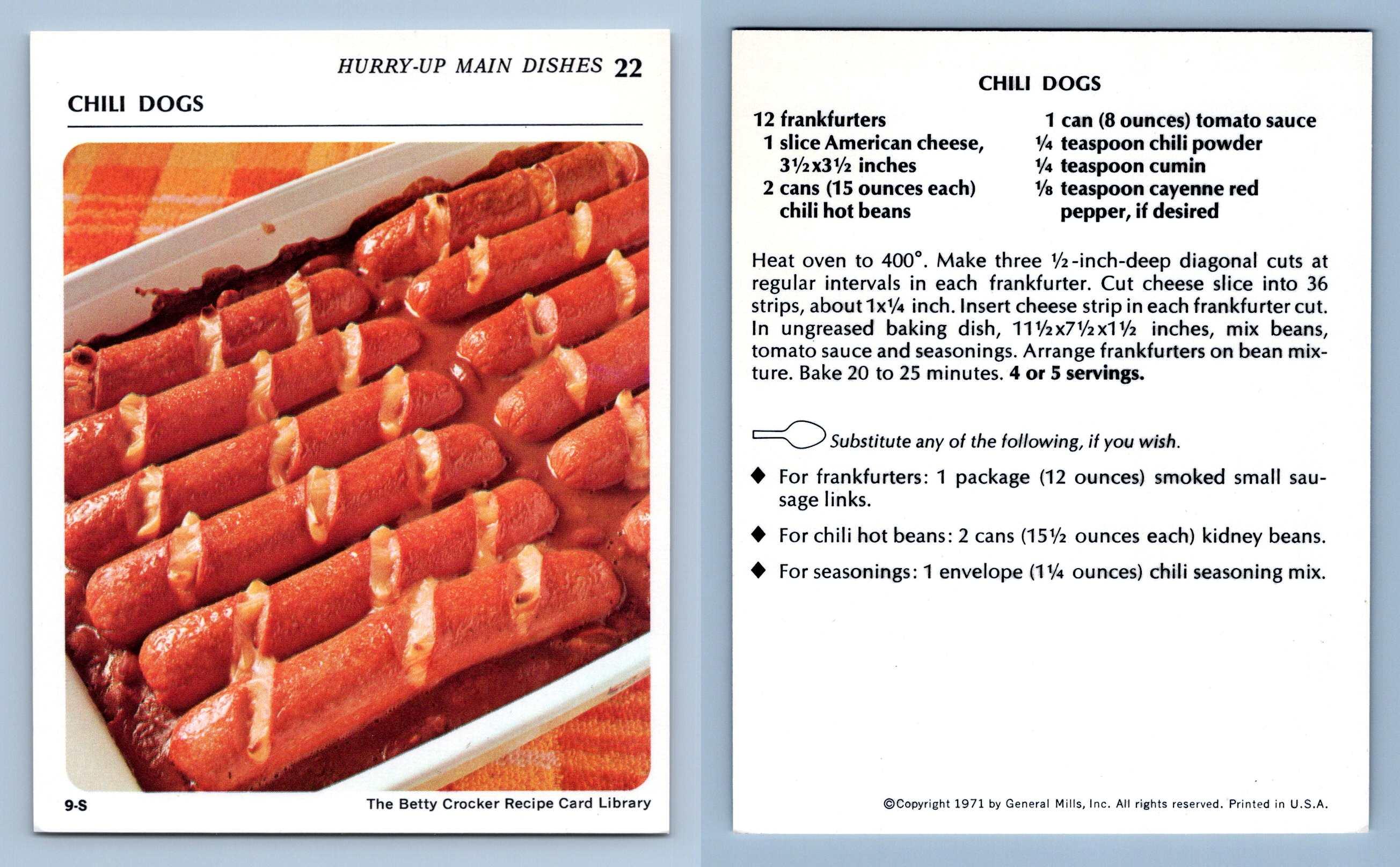 Chili Dogs 22 Main Dishes Betty Crocker 1971 Recipe Card