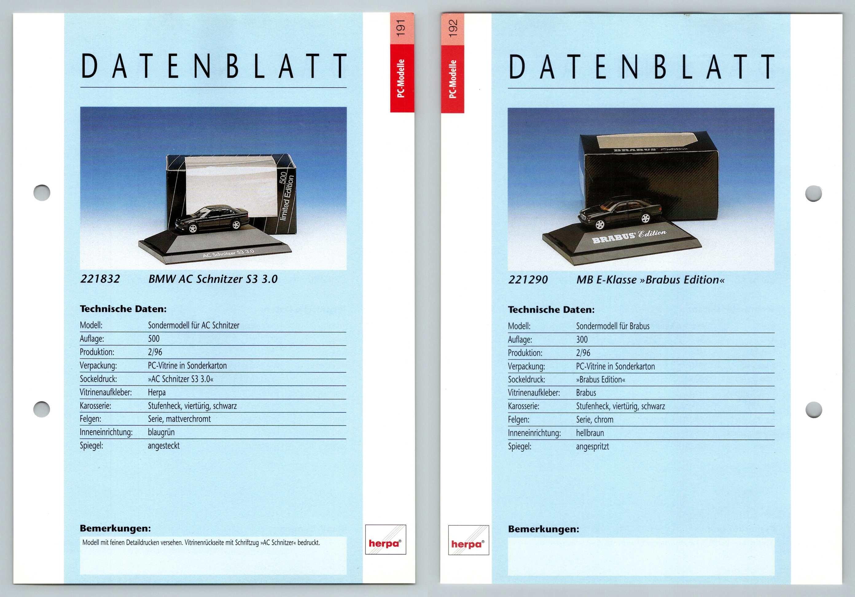BMW AC Schnitzer S3 / MB E-Klasse #191/92 PC-Modelle Datenblatt - Herpa ...