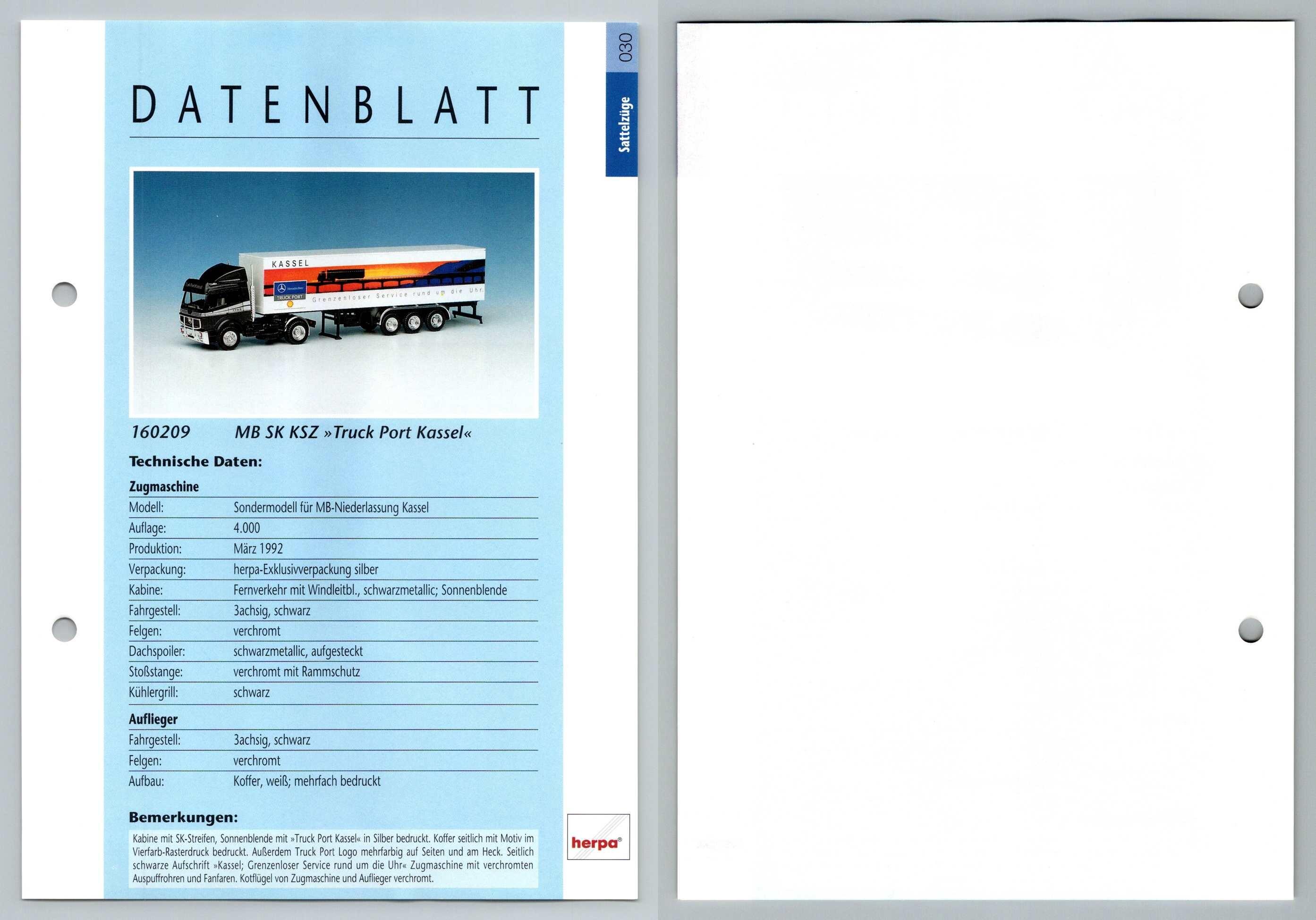 Mb Sk Ksz Truck Port Kassel 30 Sattelzuge Datenblatt Herpa Data Sheet