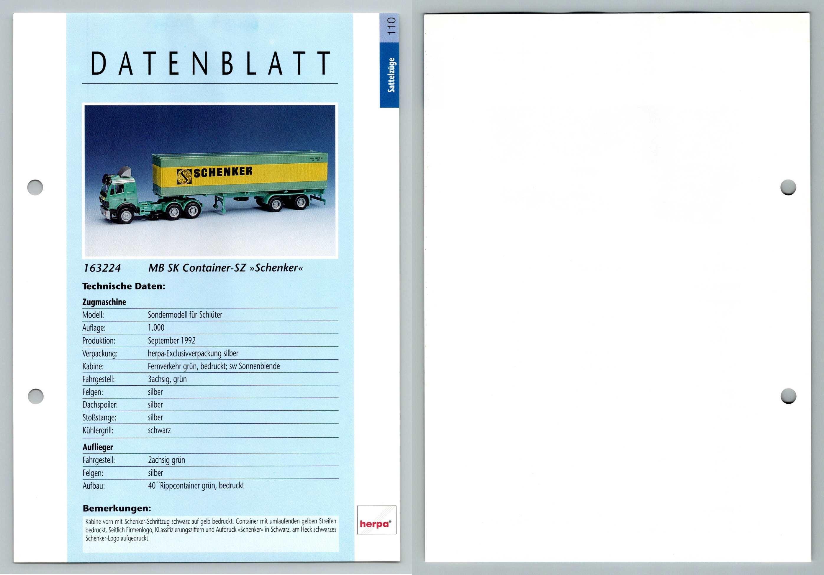 Mb Sk Container Sz Schenker 110 Sattelzuge Datenblatt Herpa Data Sheet