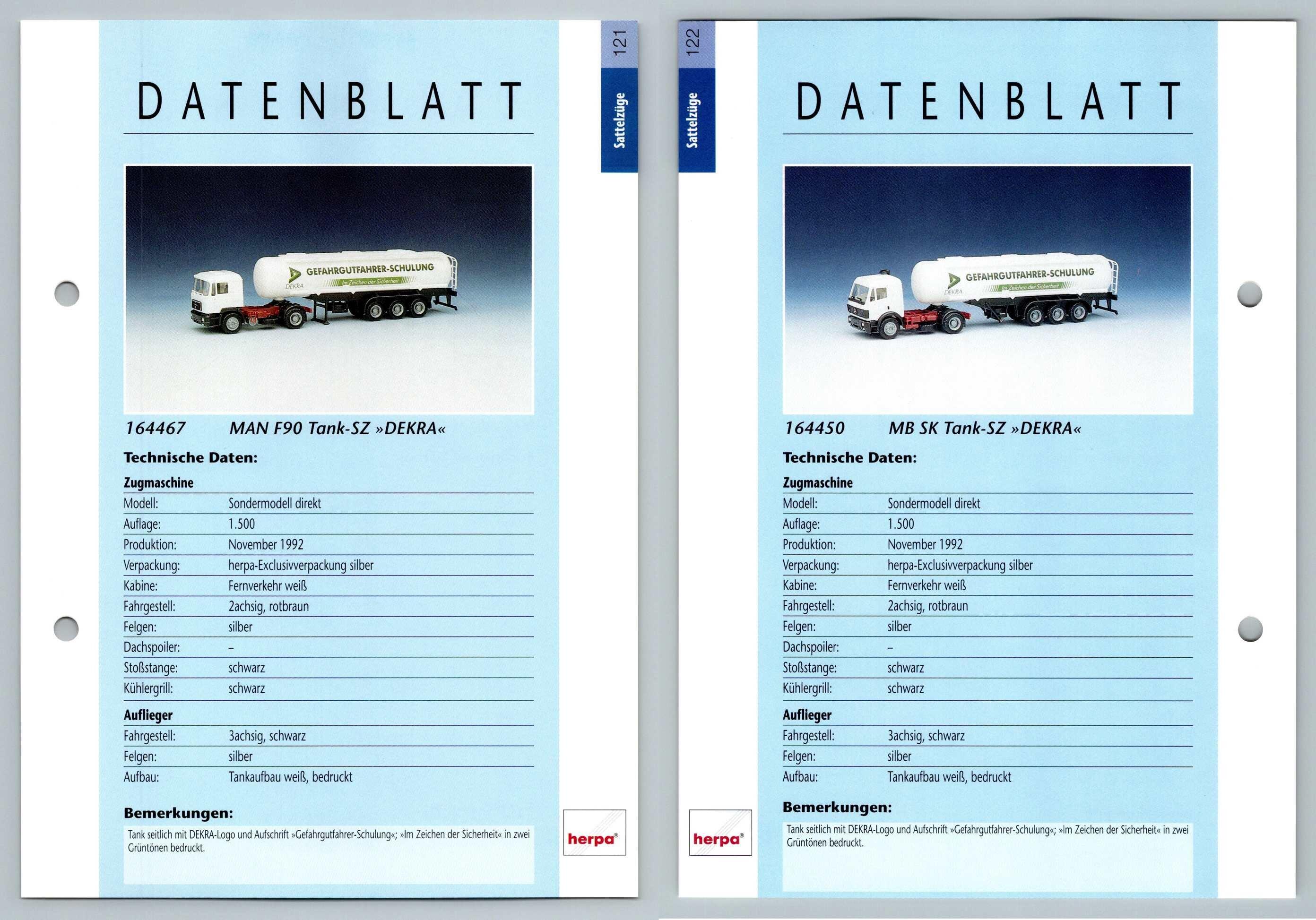 Man F90 Tank Sz Dekra 121 122 Sattelzuge Datenblatt Herpa Data Sheet