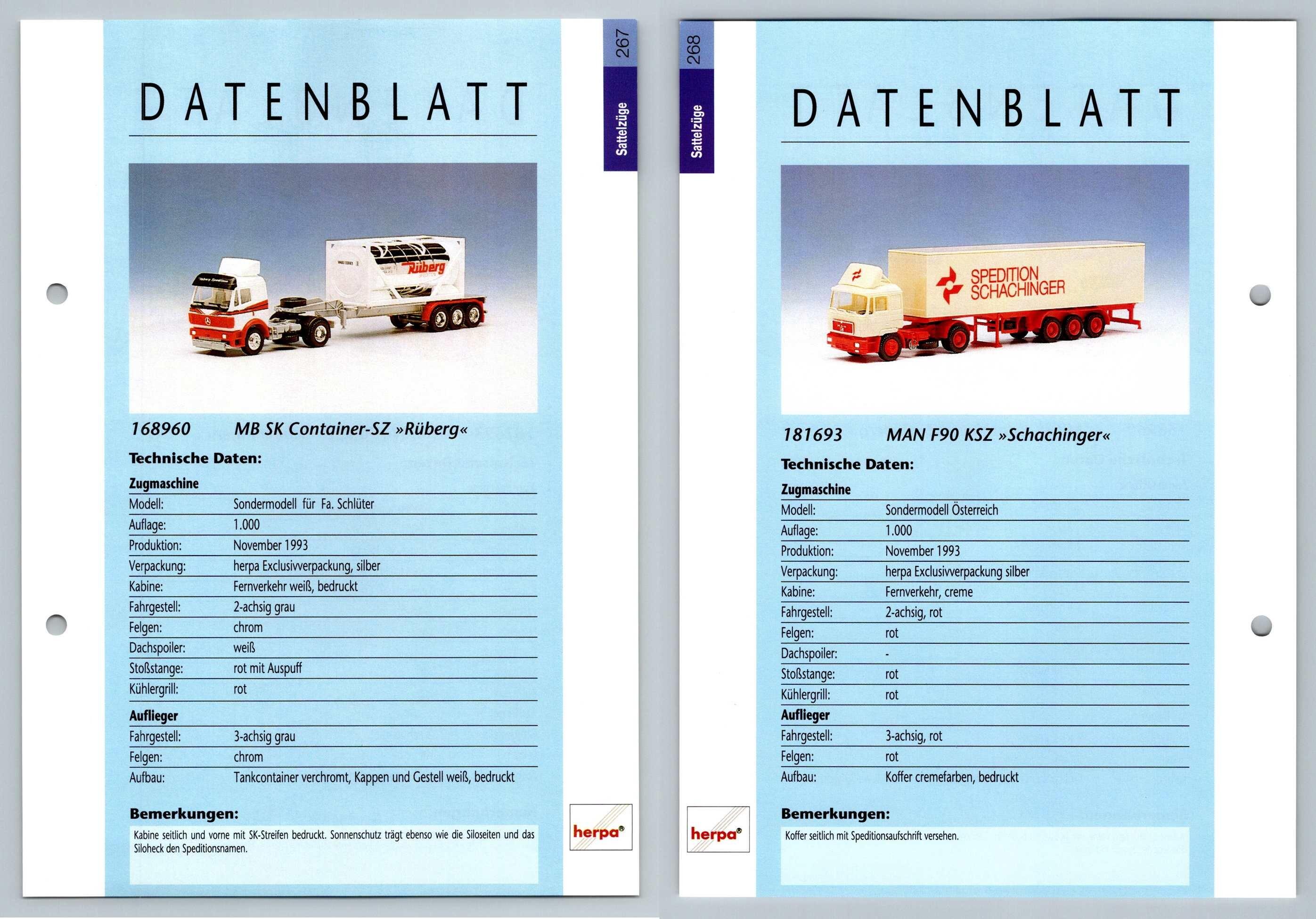 Mb Sk Container Man F90 267 268 Sattelzuge Datenblatt Herpa Data Sheet