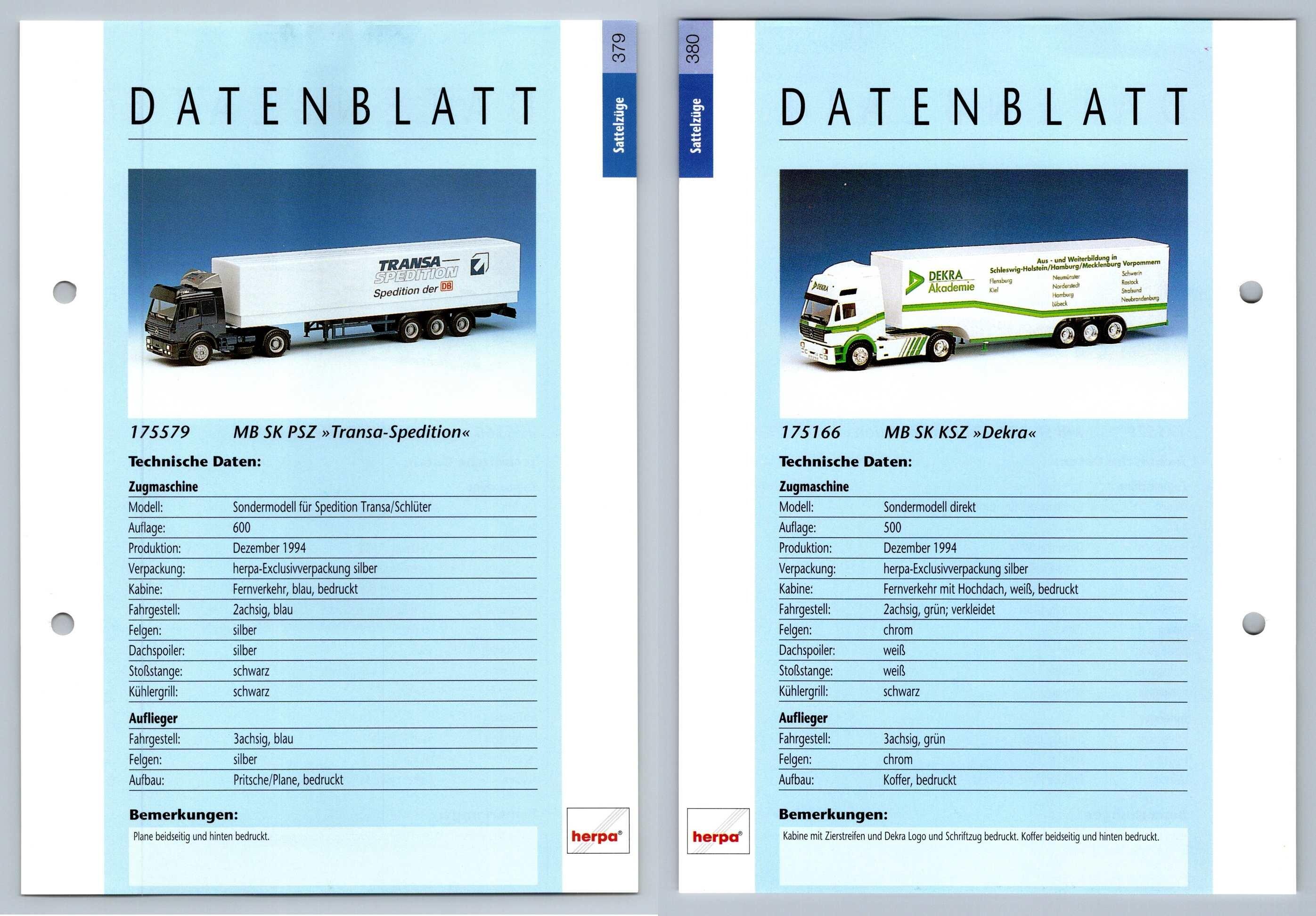 Mb Sk Psz Ksz 379 380 Sattelzuge Datenblatt Herpa Data Sheet