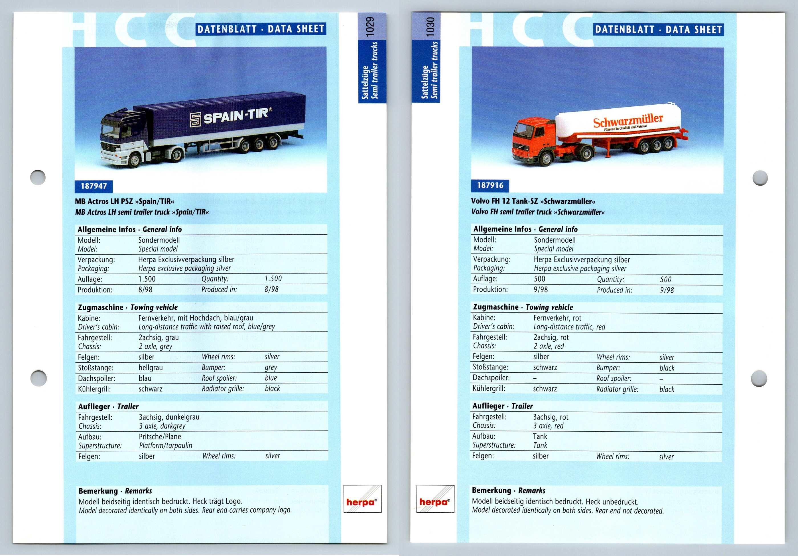 Mb Actros Lh Volvo Fh 12 1029 30 Sattelzuge Datenblatt Herpa Data