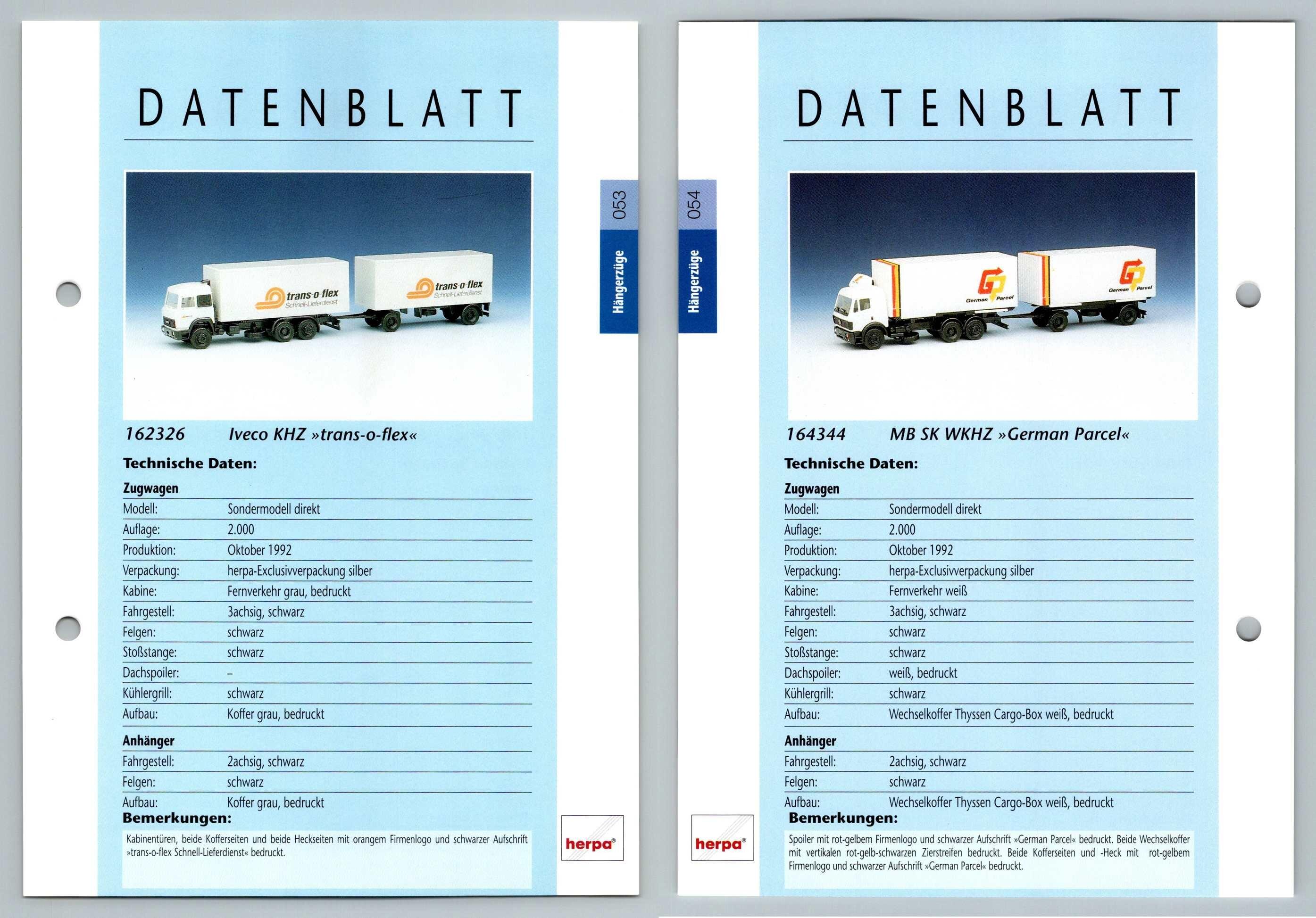 Iveco Khz Mb Sk Wkhz 53 4 Hangerzuge Datenblatt Herpa Data Sheet