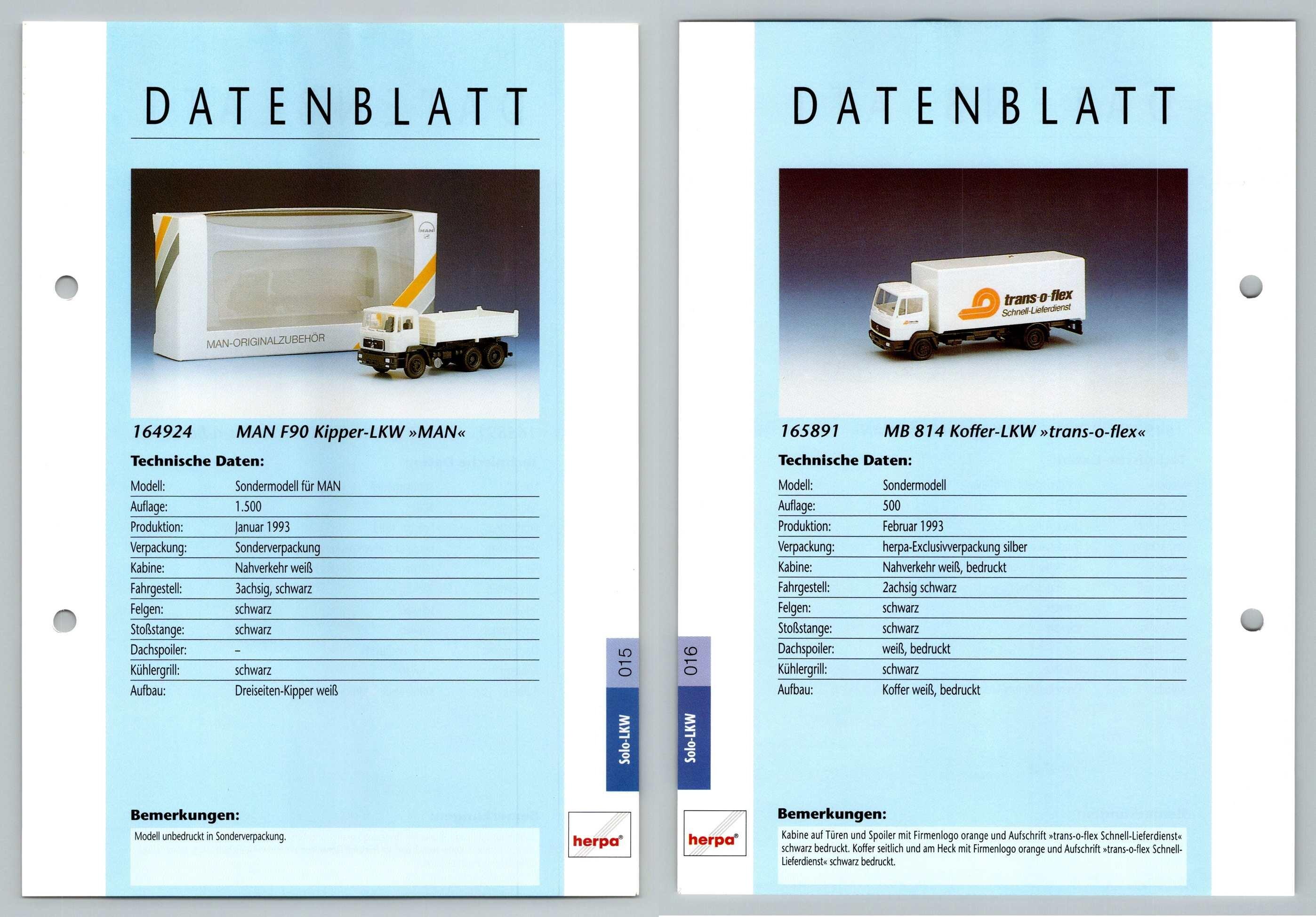 Man F90 Kipper Mb 814 Koffer 15 6 Solo Lkw Datenblatt Herpa Data Sheet