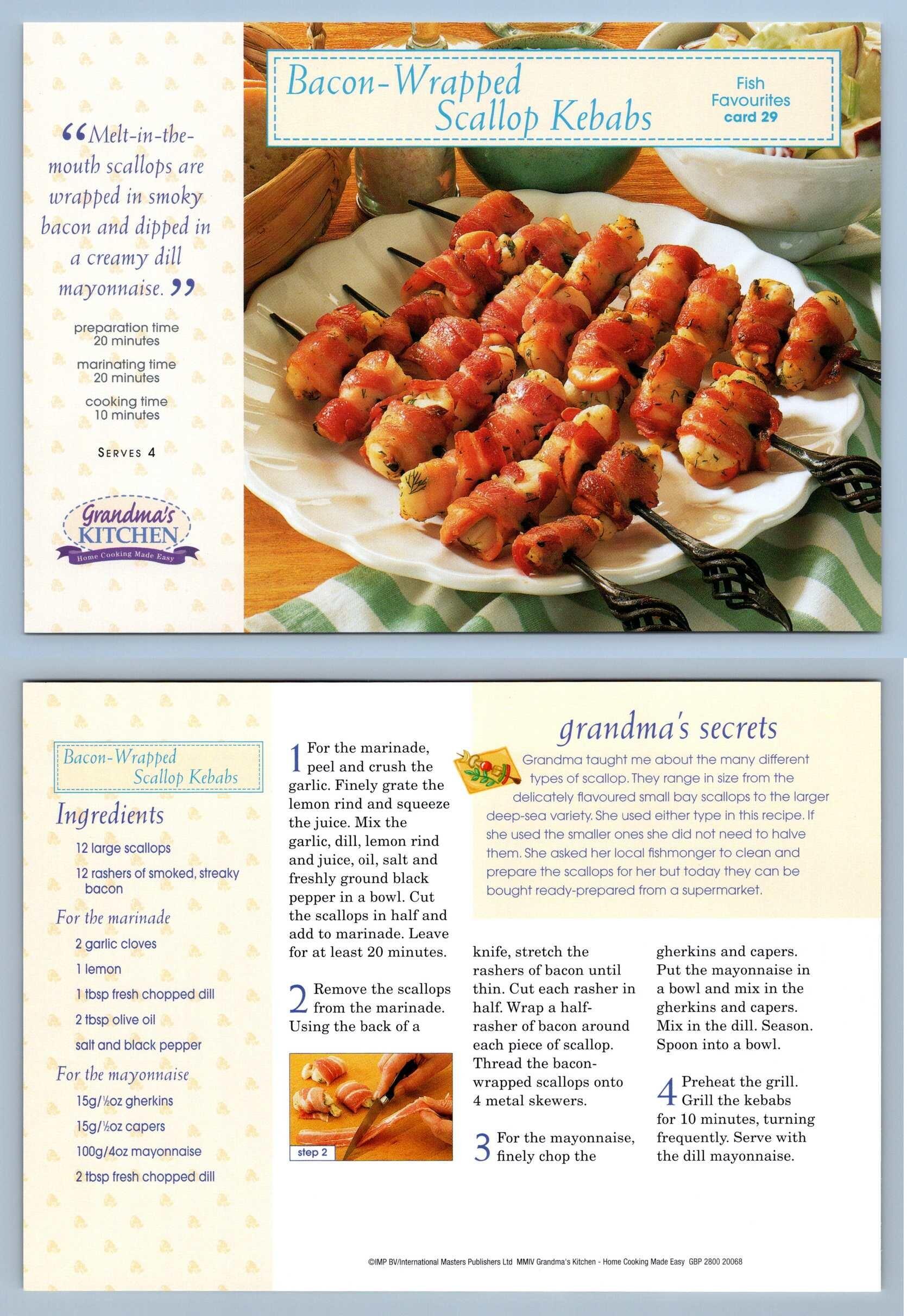 Bacon-Wrapped Scallop Kebabs #29 Fish - Grandma's Kitchen Recipe Card