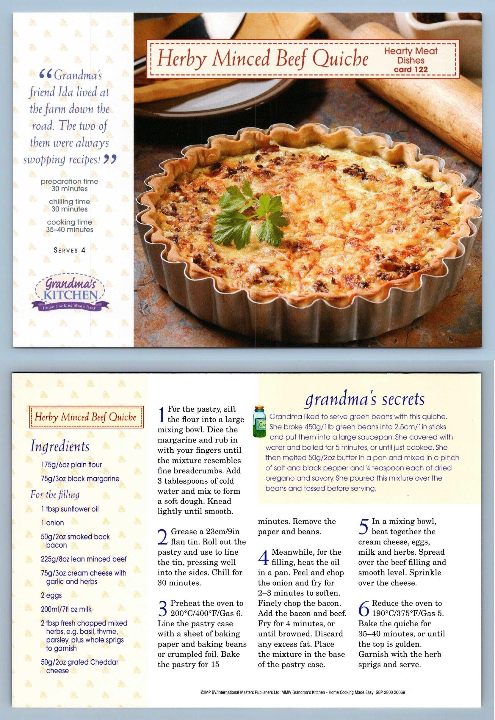 Herby Minced Beef Quiche 122 Meat Grandma's Kitchen Recipe Card