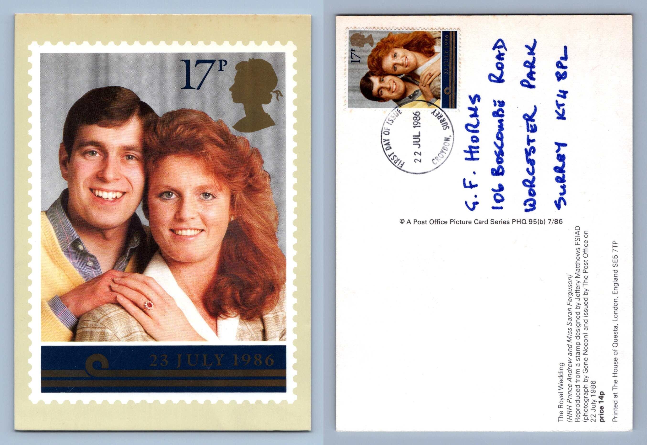 Prince Andrew & Sarah Ferguson 17p / Royal Wedding - 1986 PHQ #95a FDI Used Card - Picture 2 of 2