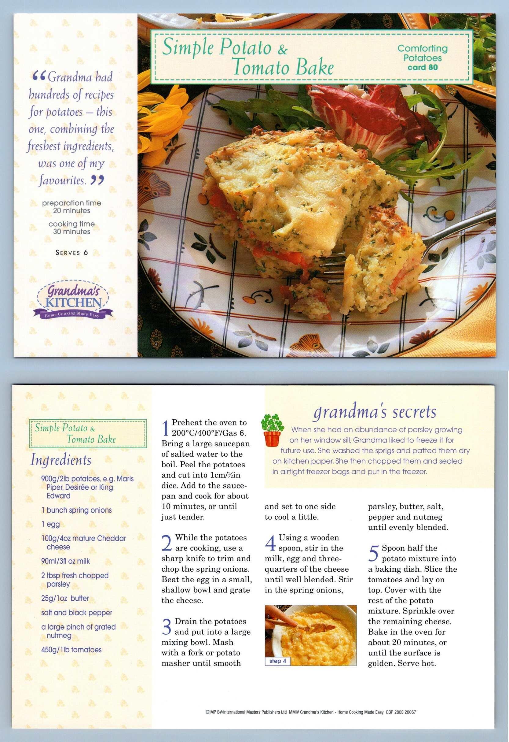 Simple Potato & Tomato Bake 80 Potatoes Grandma's Kitchen Recipe Card