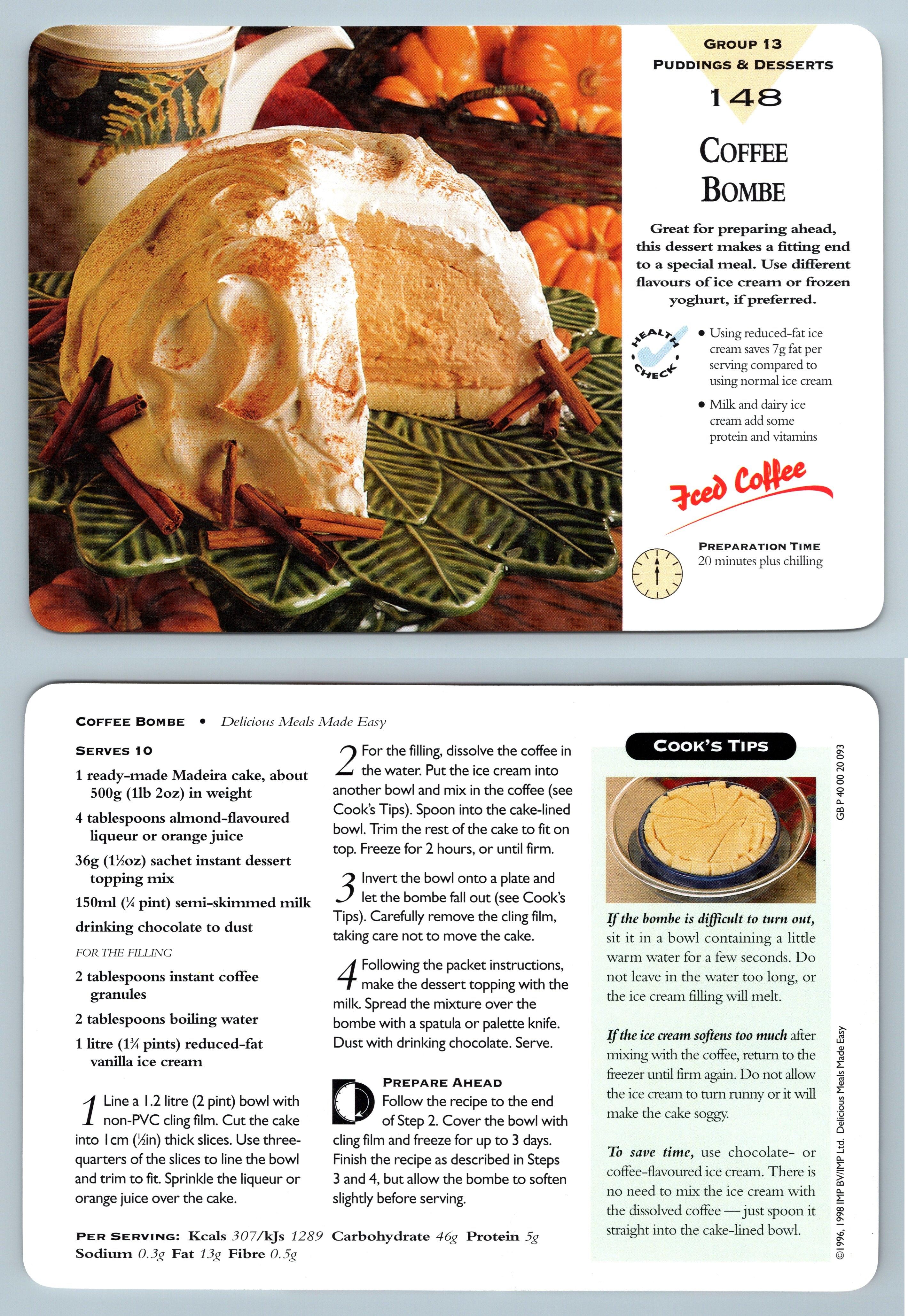 Coffee Bombe #148 Puddings Delicious Meals Made Easy 1996-7 Recipe Card