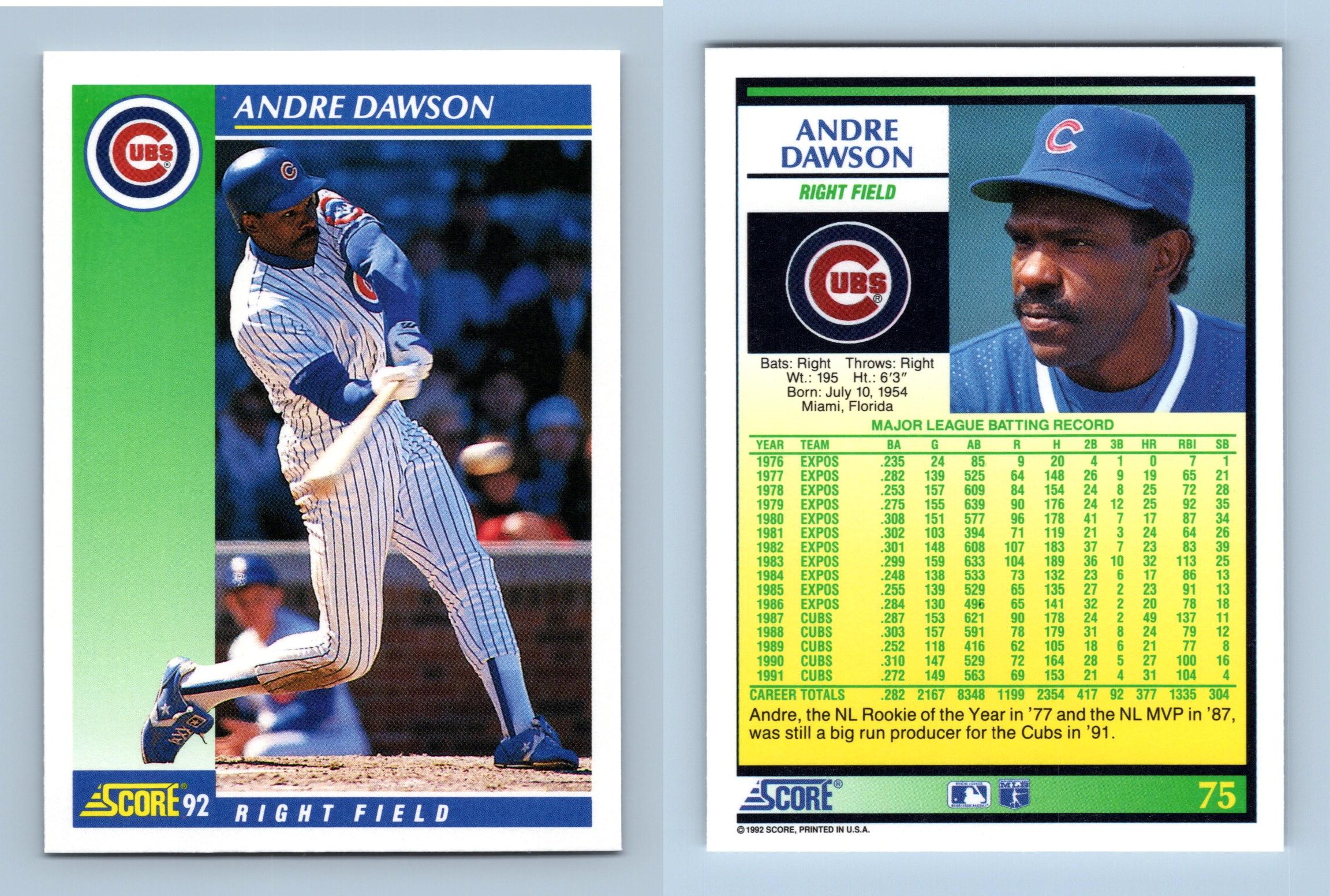 Andre Dawson - Cubs - #75 Score 1992 Baseball Trading Card