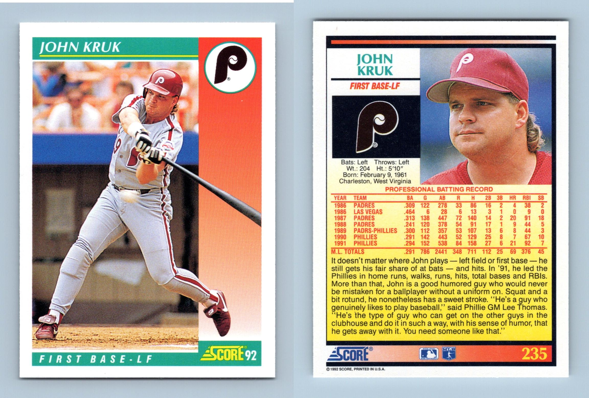 John Kruk - Phillies - #235 Score 1992 Baseball Trading Card
