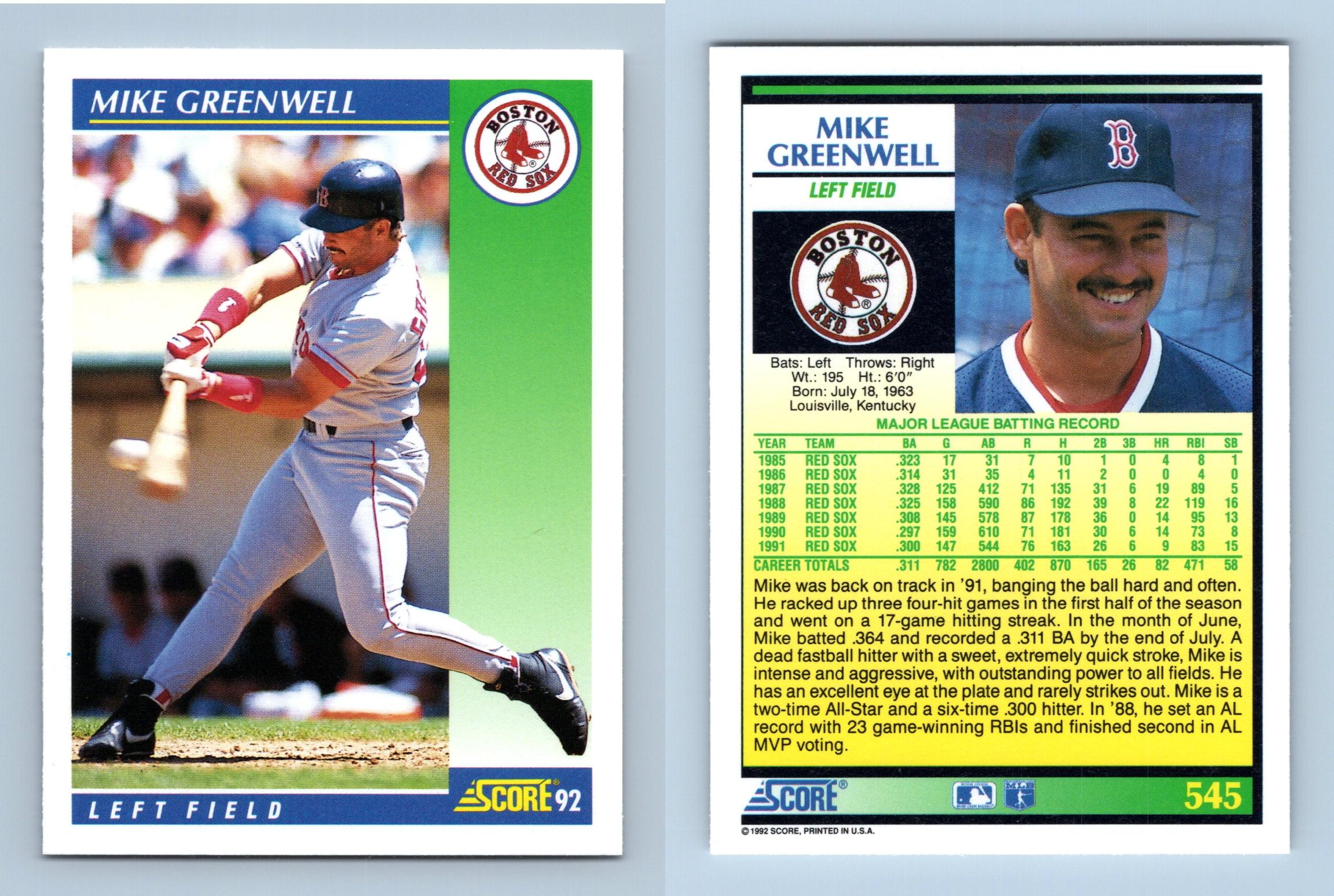 Mike Greenwell - Red Sox - #545 Score 1992 Baseball Trading Card
