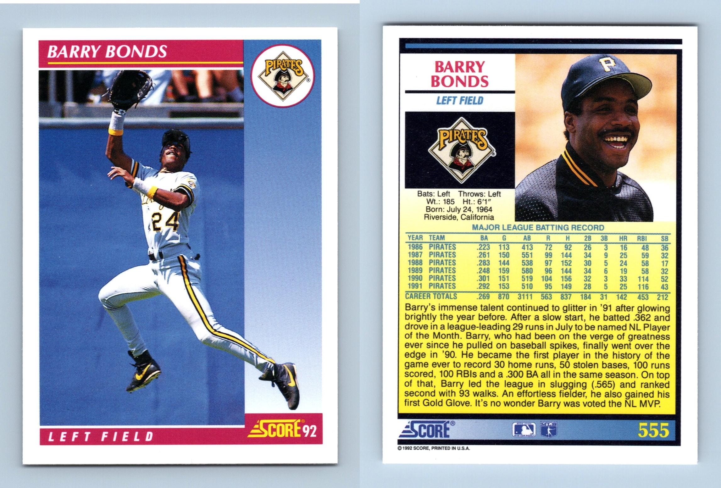 Barry Bonds - Pirates - #555 Score 1992 Baseball Trading Card