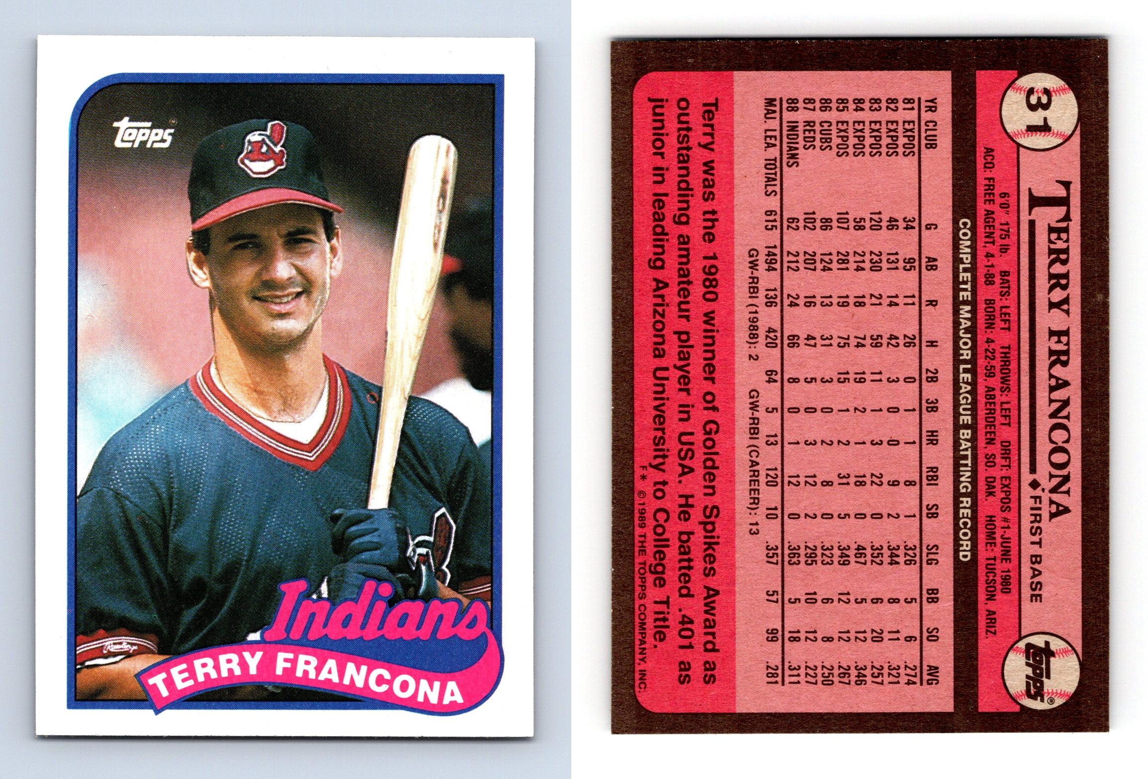 Terry Francona - Indians #31 Topps 1989 Baseball Trading Card