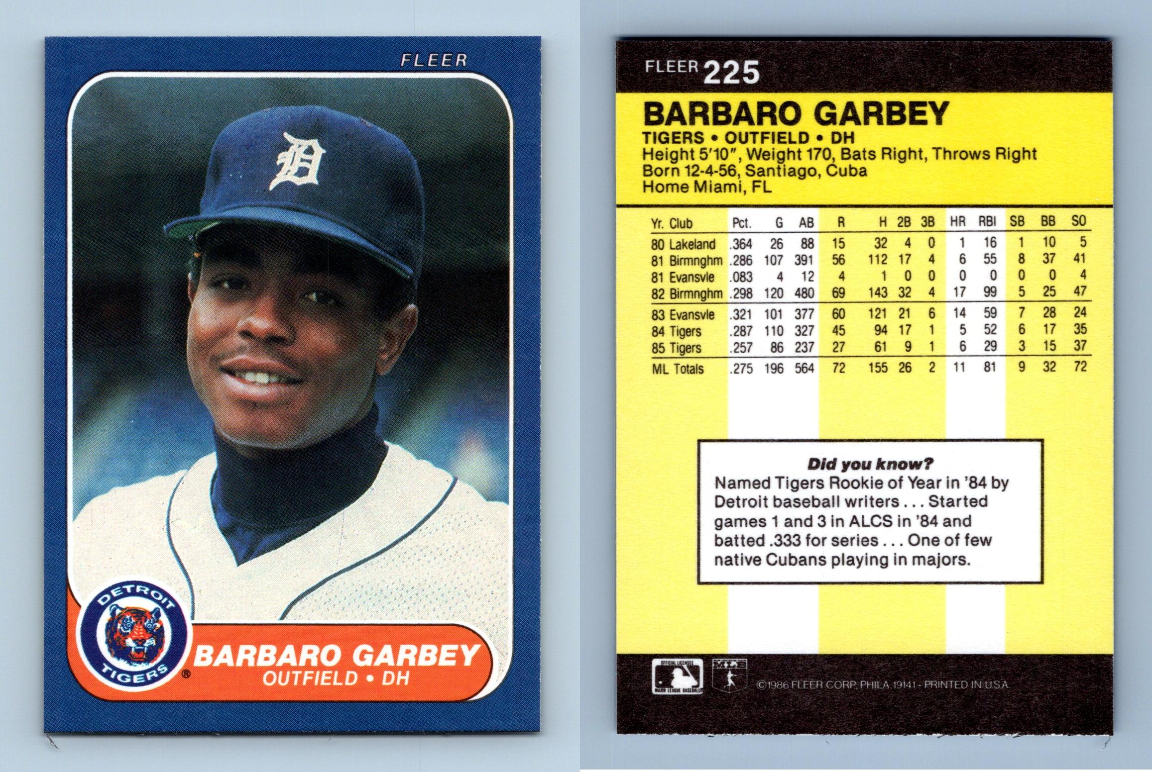 Barbaro Garbey - Tigers #225 Fleer 1986 Baseball Trading Card