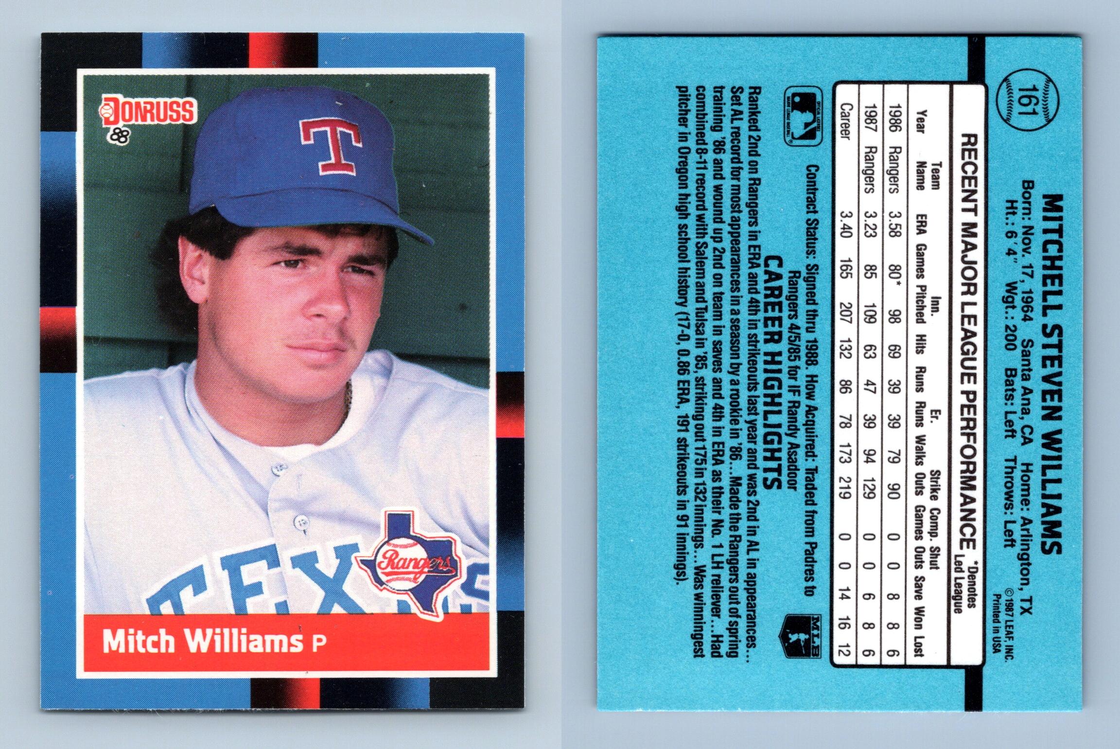 Mitch Williams - Rangers #161 Donruss 1988 Baseball Trading Card