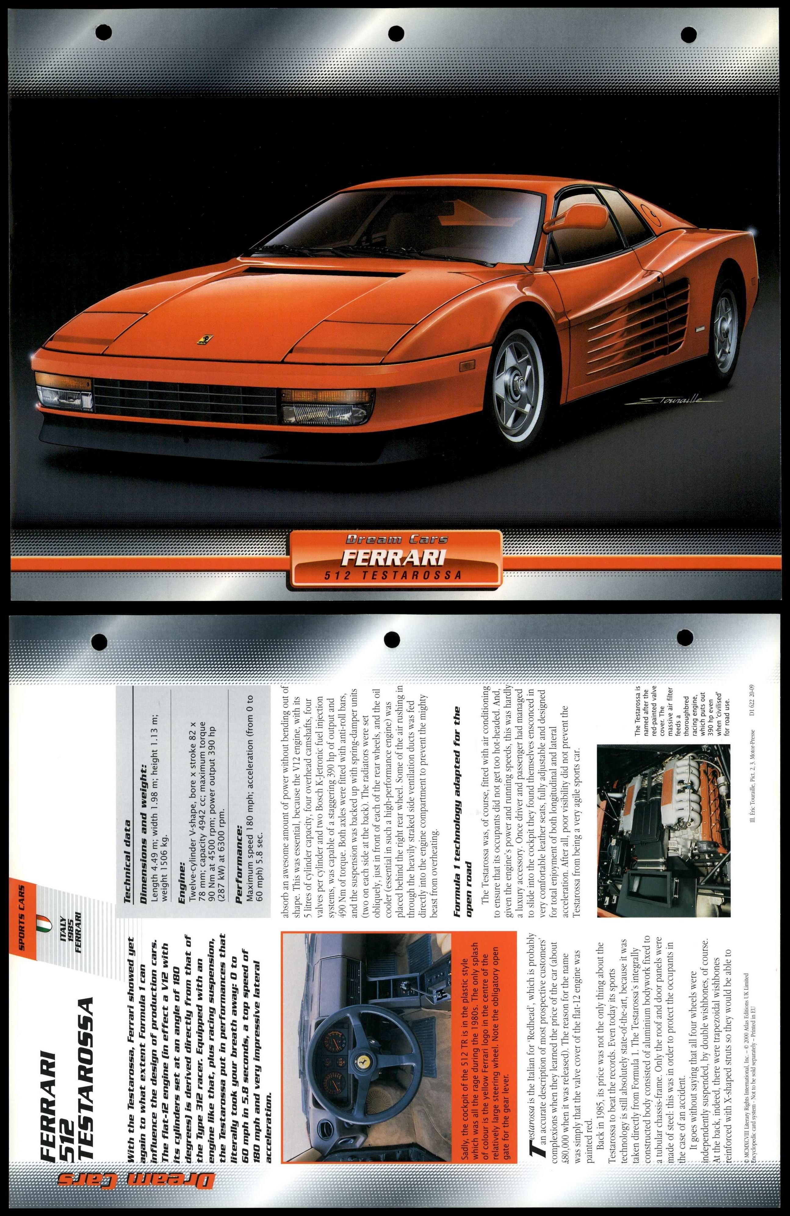 Ferrari 512 Testarossa 1985 Sports Atlas Dream Cars Fact File Card