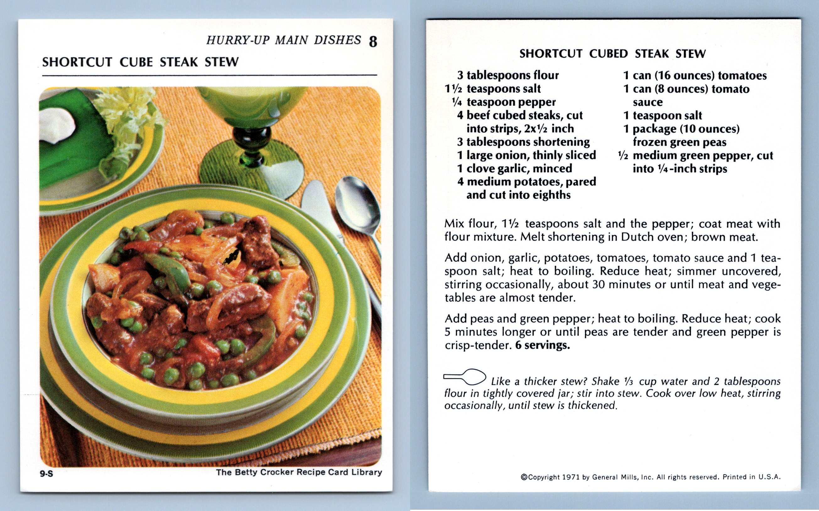 Shortcut Cube Steak Stew 8 Main Dishes Betty Crocker 1971 Recipe Card