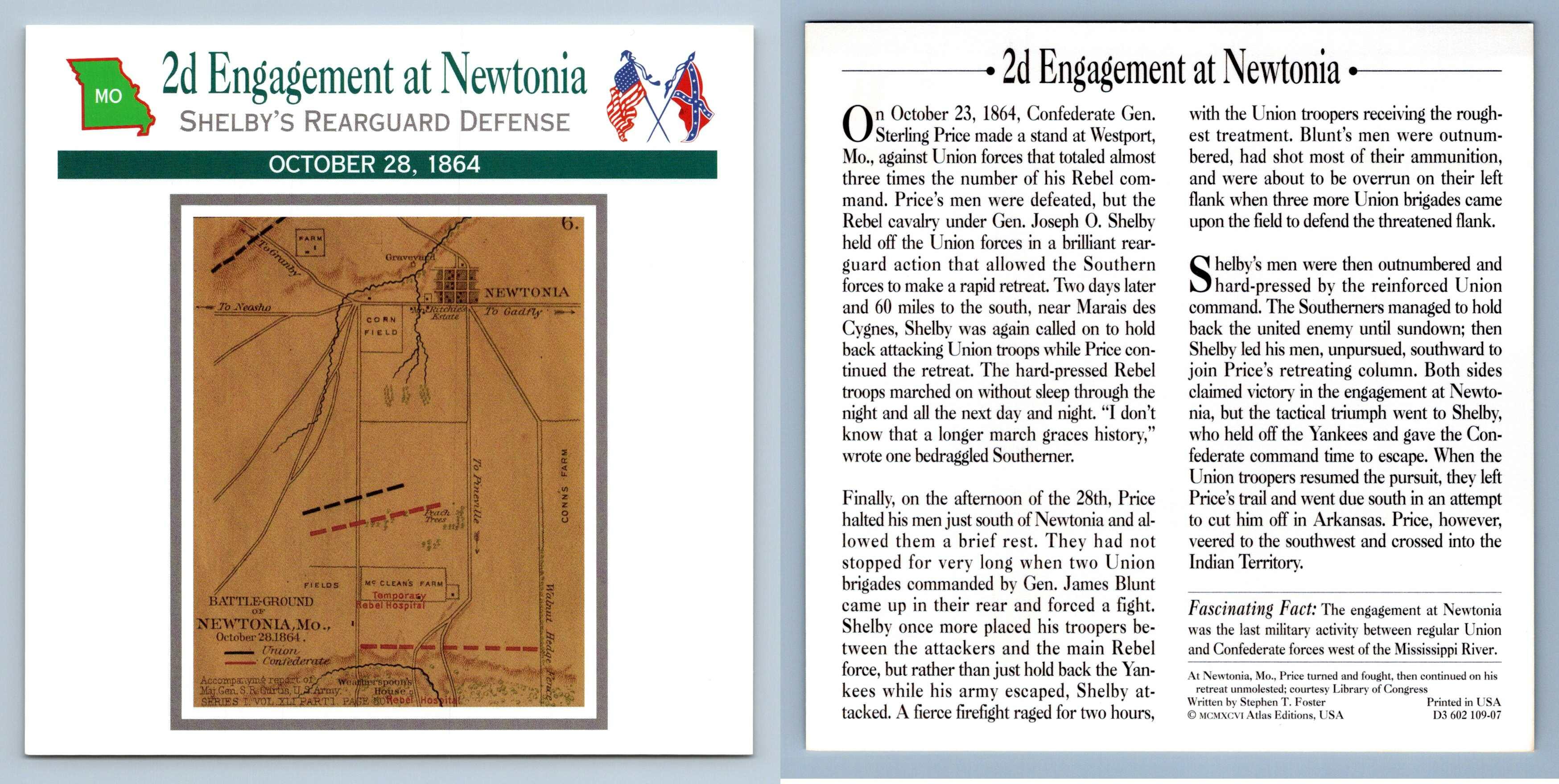 Shelby's Rearguard Defense 2d Engagement Of Newtonia Battles 1864 Atlas Ed. Civil War Card