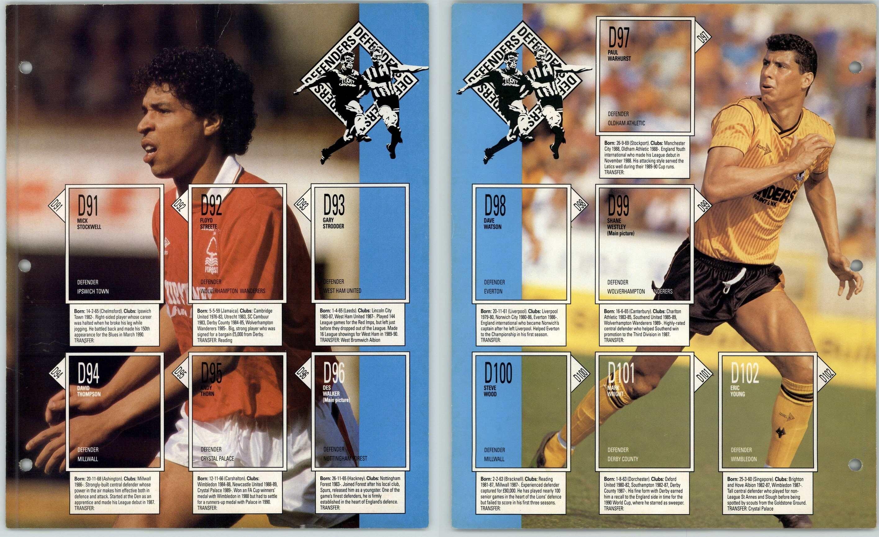 D91 D102 Defenders Orbis Football Collection 1990 91 Incomplete Sticker Page