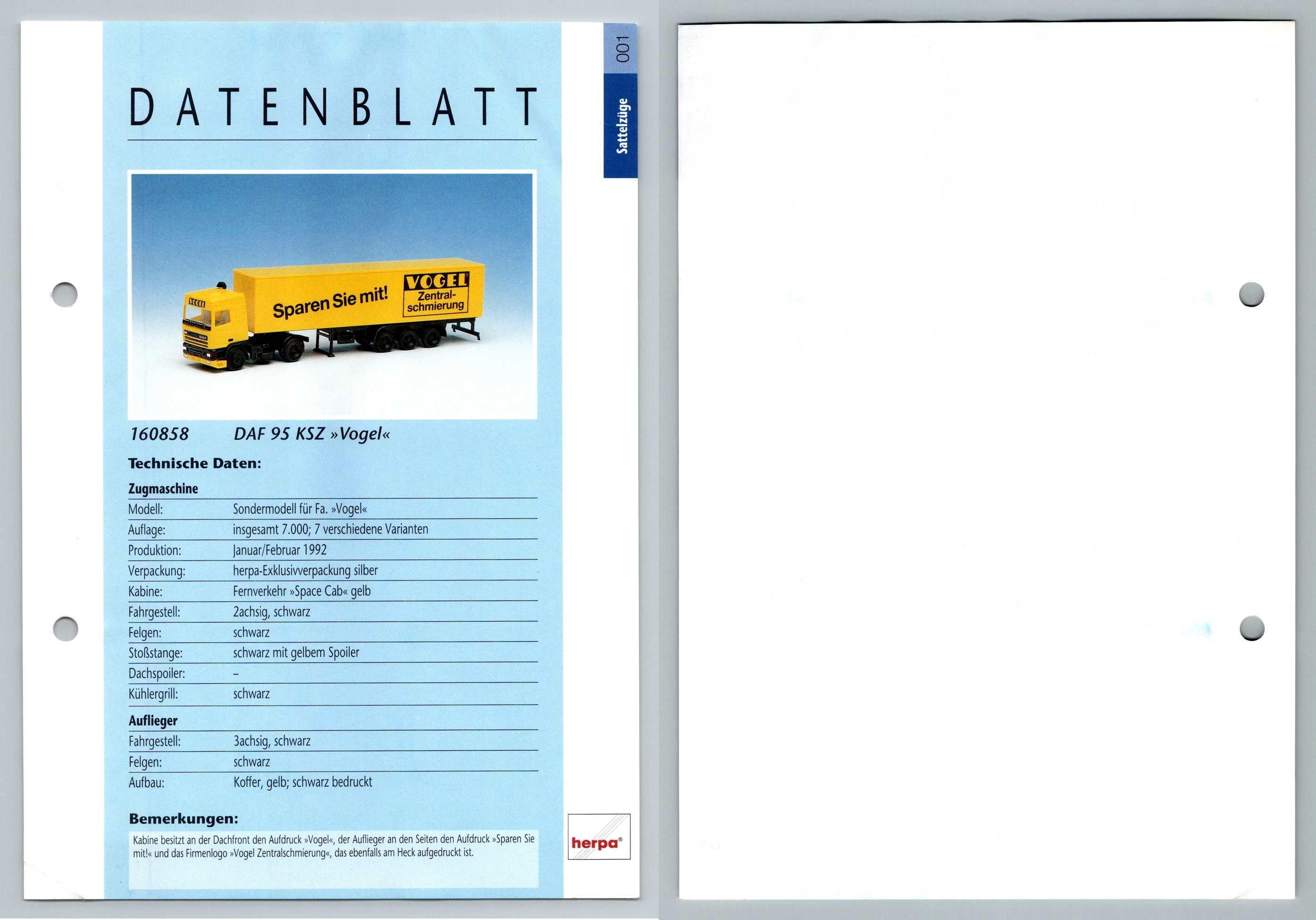 Daf 95 Ksz Vogel 1 Sattelzuge Datenblatt Herpa Data Sheet