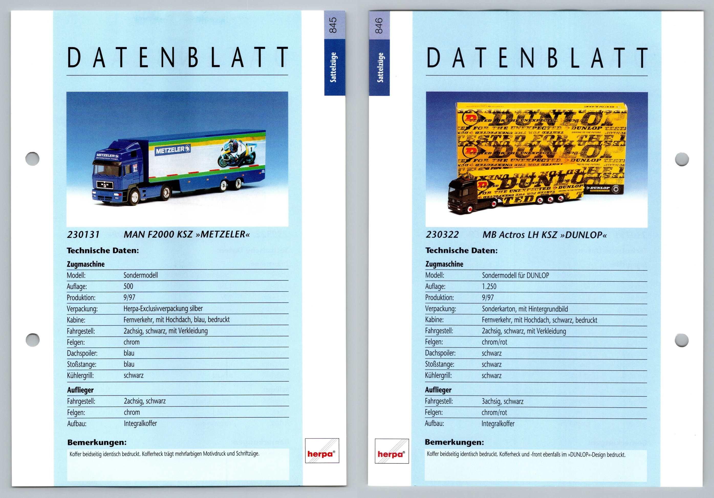 Man F2000 Mb Actros Lh 845 6 Sattelzuge Datenblatt Herpa Data Sheet