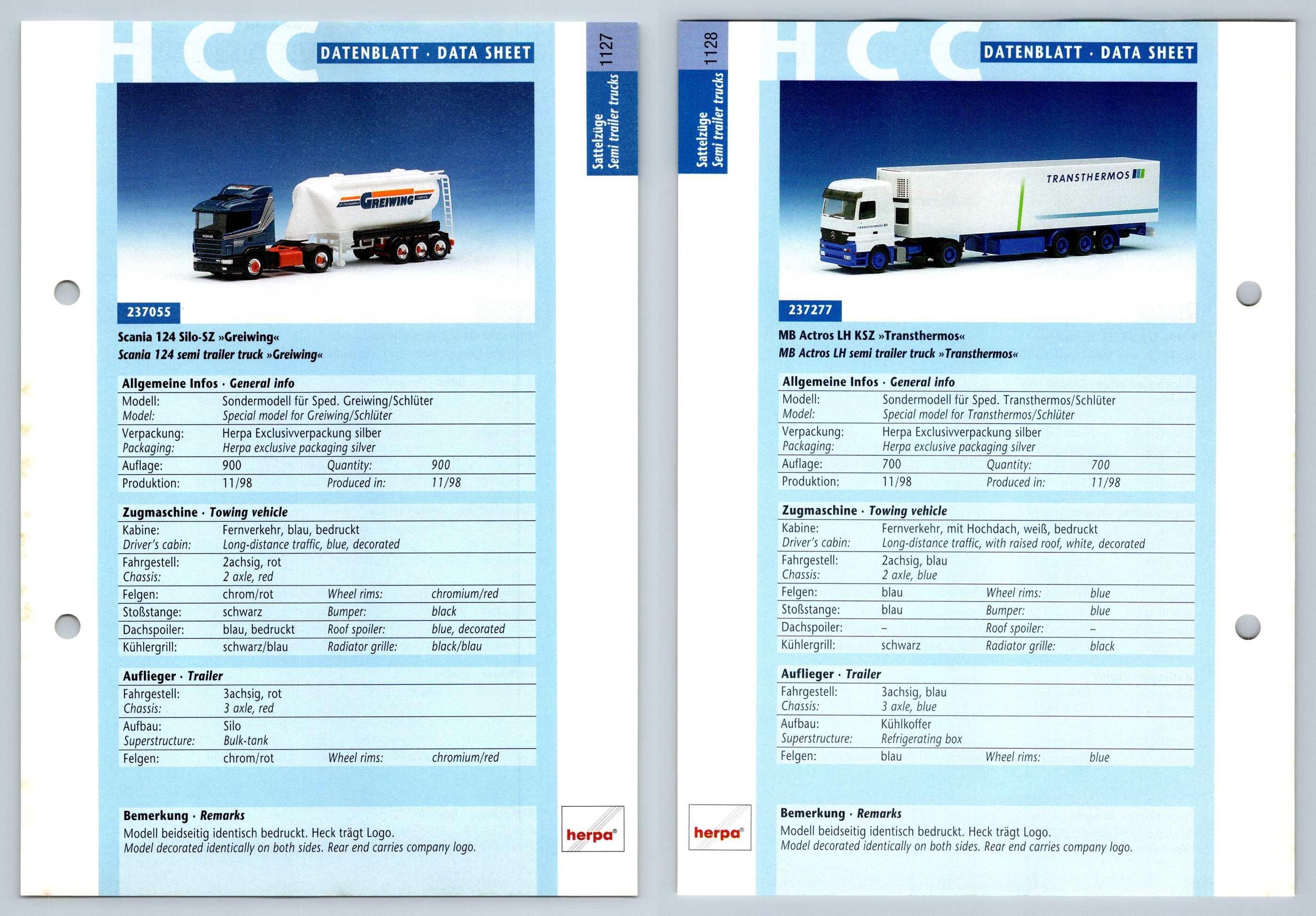 Scania 124 Silo Mb Actros Lh 1127 8 Sattelzuge Datenblatt Herpa