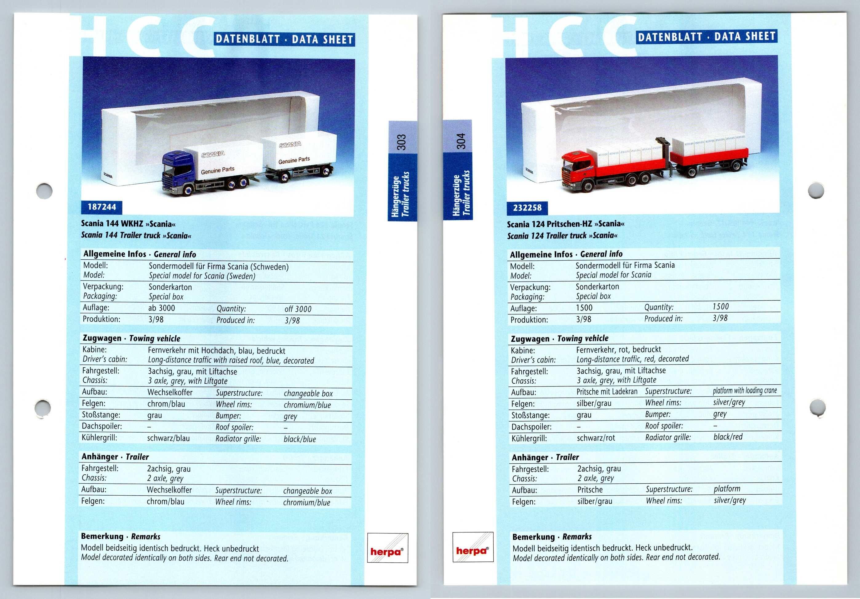 Scania 144 Wkhz 124 Pritschen 303 4 Hangerzuge Datenblatt Herpa