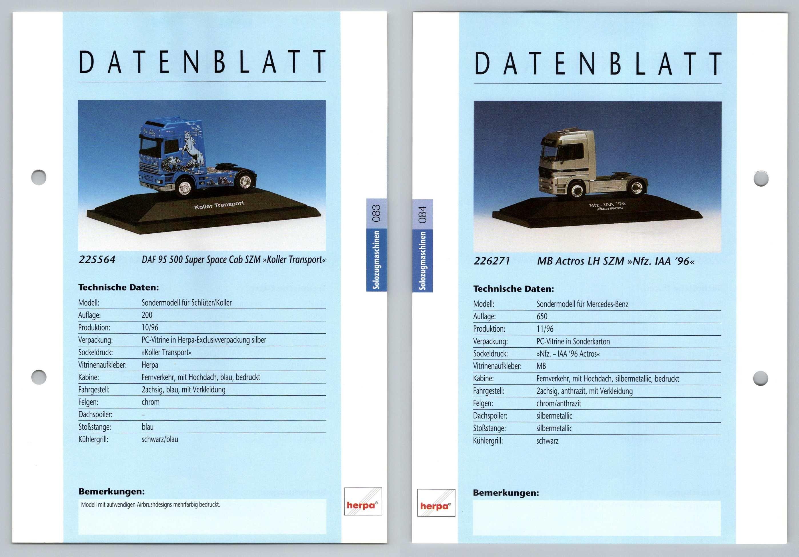 Daf 95 500 Mb Actros Lh 83 4 Solozugmaschinen Datenblatt Herpa